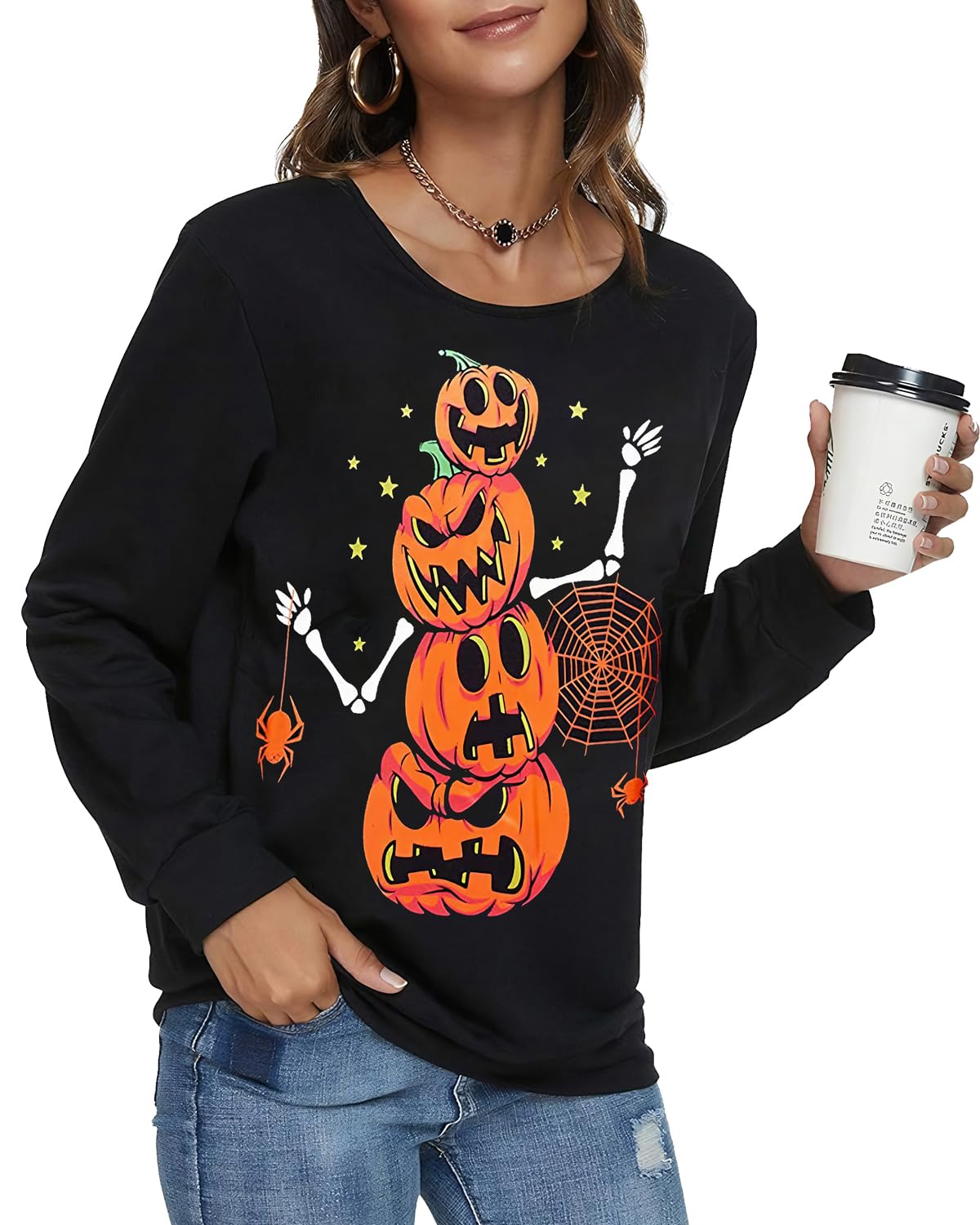 zarmfly Halloween Sweatshirts for Women Pumpkin Skeleton Shirts Long Sleeve Funny Pumpkin Graphic Halloween Tops M 8111