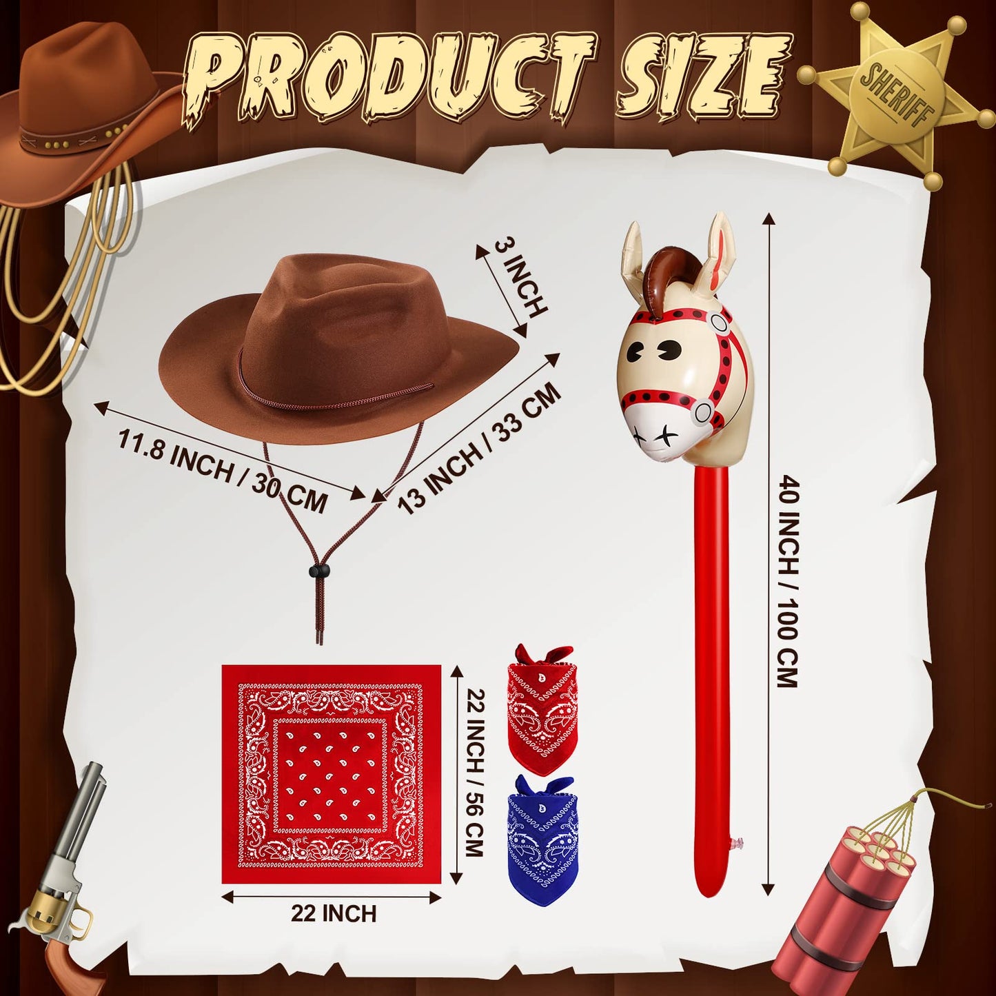 Xtinmee 36 Pcs Cowboy Party Costume Set, Cowboy Hats Paisley Bandanas Inflatable Stick Horses Kids Halloween Party Supplies(Classic Style,Brown)