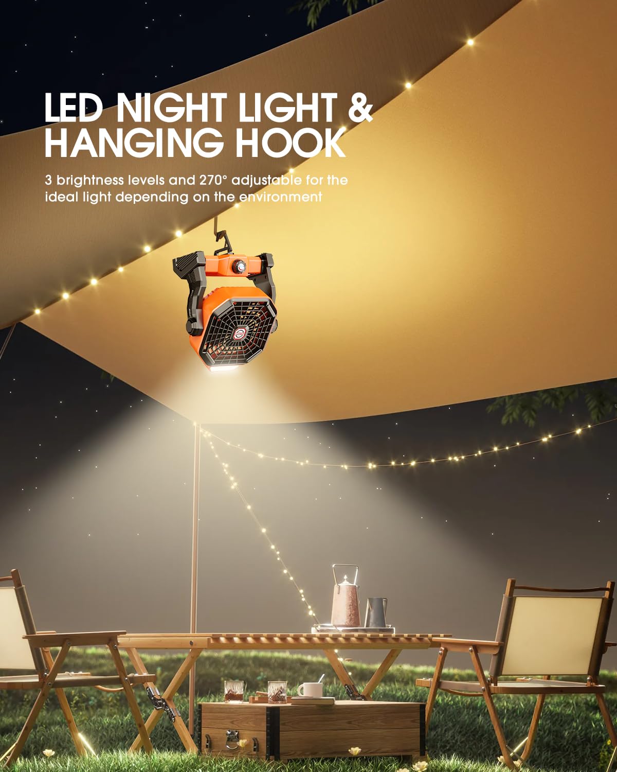 20000mAh Solar Fan, Camping Fan with Solar Panel, 7W 9-Inch Rechargeable Battery Operated Fans for Outside, LED Lantern, Stepless Speed and Quiet Battery Powered Solar Tent Fans for Outdoor, Barbecue