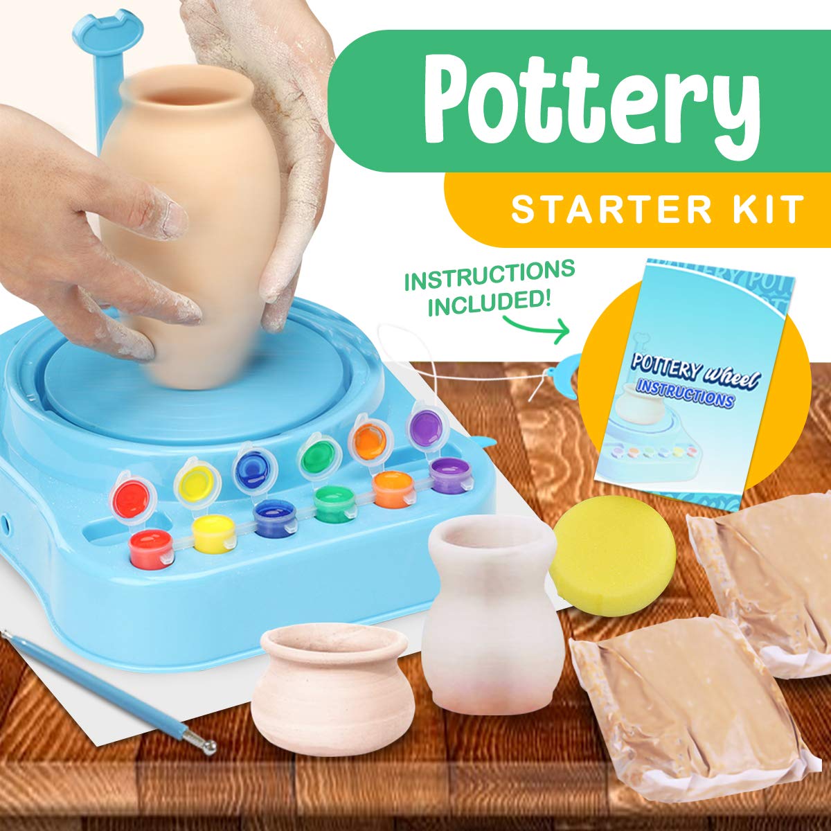 Insnug Mini Kids Pottery Wheel: Complete Painting Kit for Beginners with Modeling Clay and Sculpting Tools, Arts & Crafts Small Banding Wheel for Pottery, Tiny Pottery Wheel for Kids Age 8-12, 10-13
