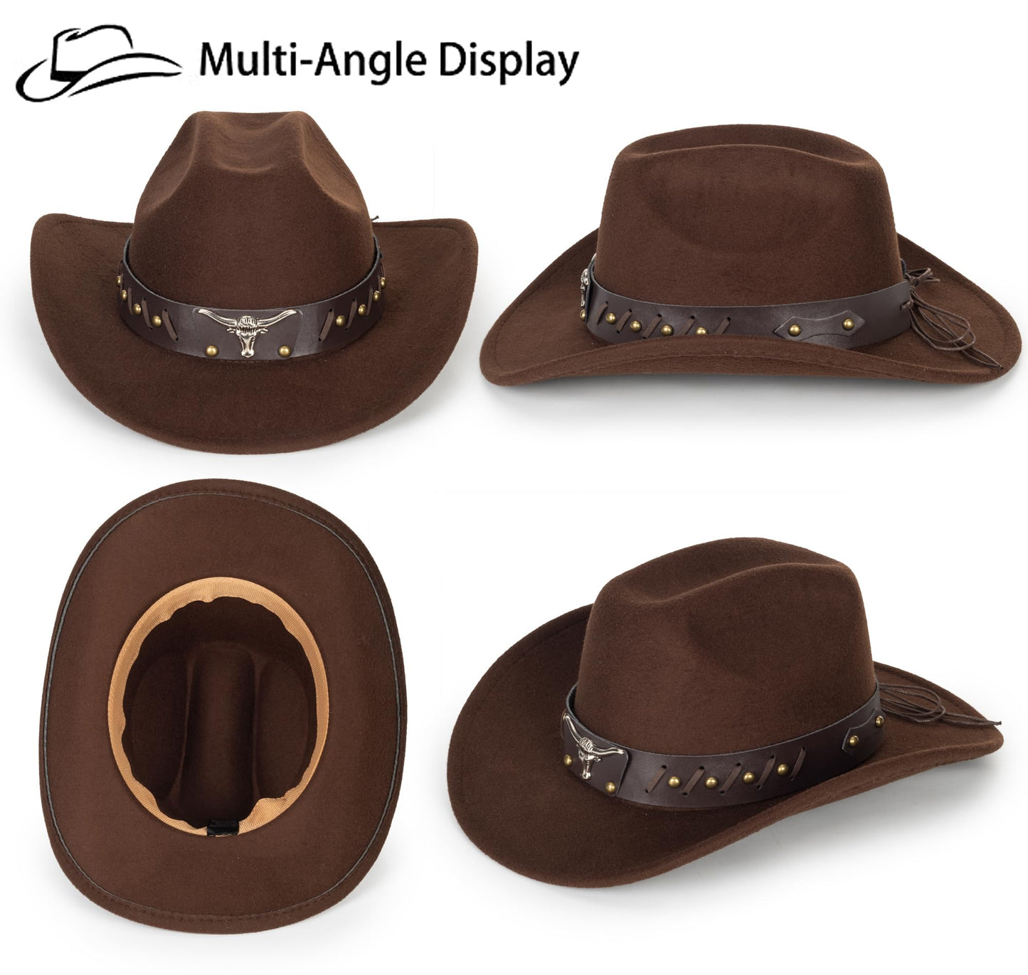 Womens Western-Cowboy-Hats Classic Felt-Hats - Rodeo Wide-Brim-Cowgirl Jazz-Hat with Buckle Belt(Lagre)