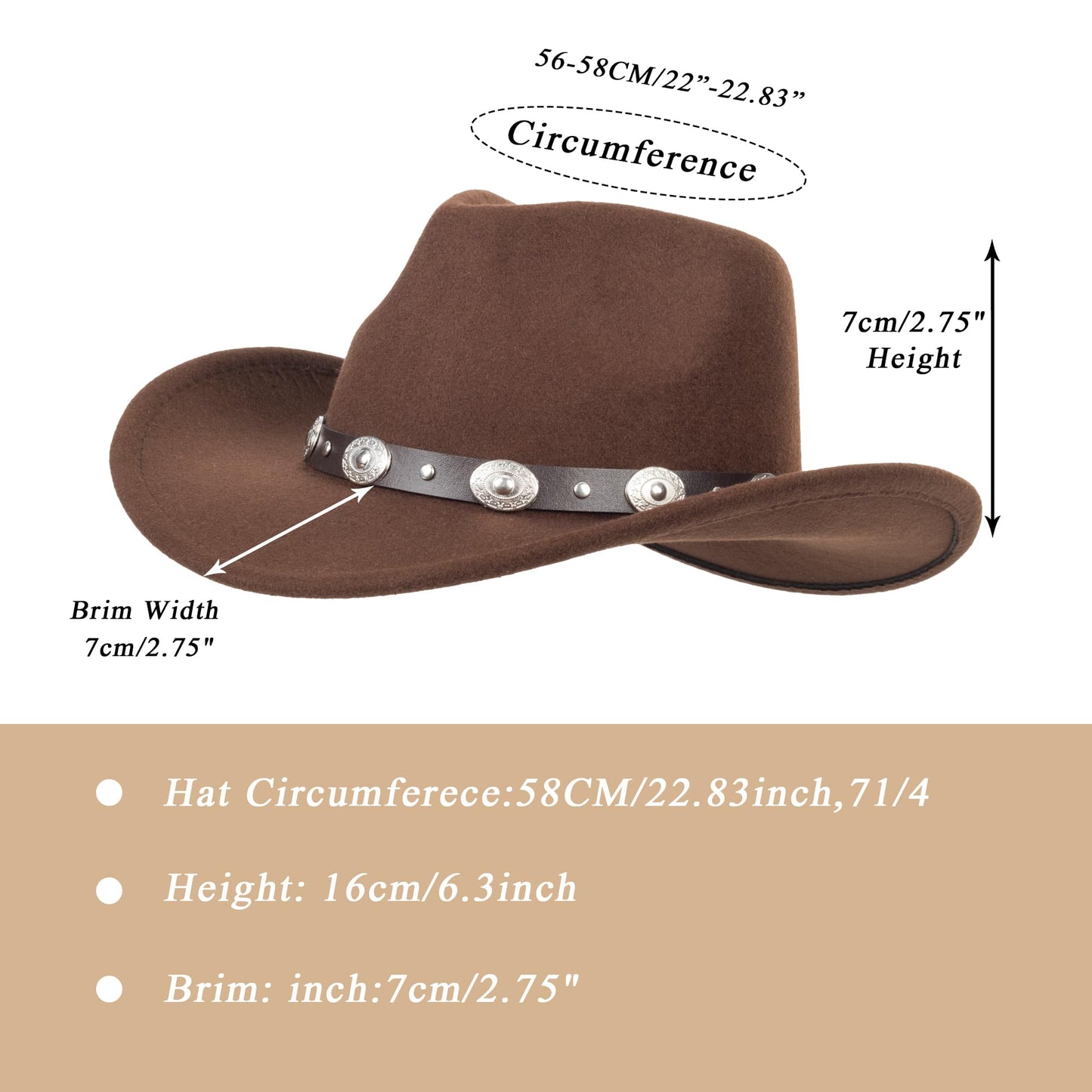 Womens Classic Roll Up Western Cowboy Hat Wide Brim Felt Fedora Hat for Men Brown
