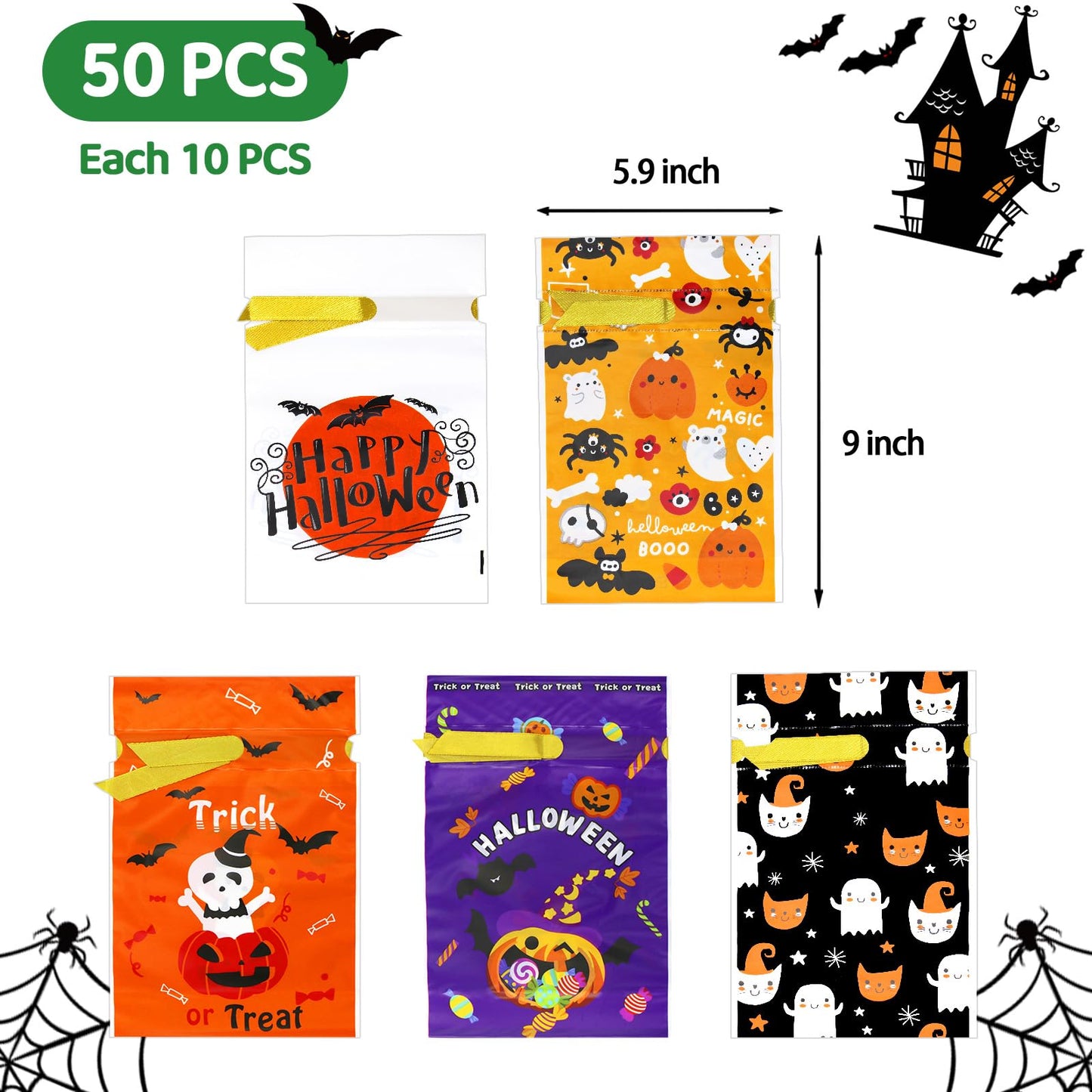 ZMCINER 50 Pcs Halloween Drawstring Candy Bags Halloween Treat Bags for Party Favors
