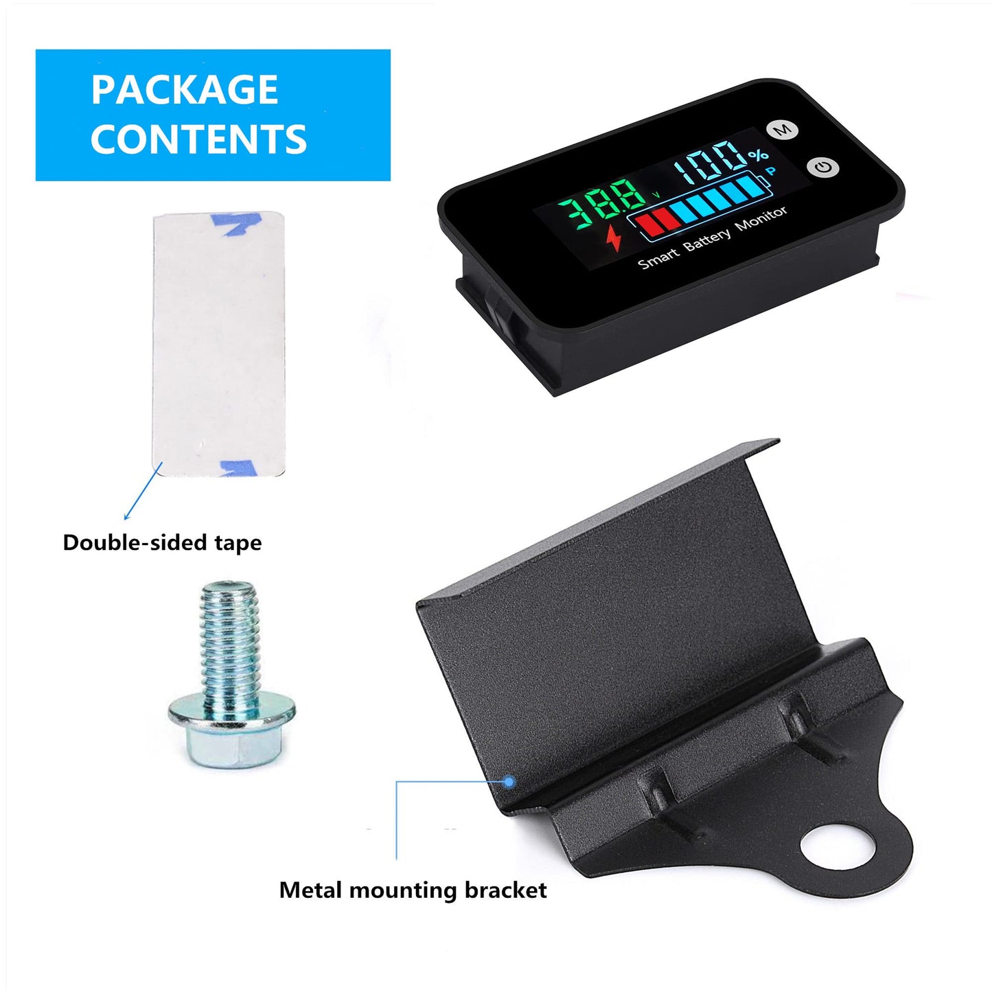 IPX7 Waterproof Battery Monitor with Bracket 7-100V,12v 24v 36v 48v 60v 72v Digital Display Battery Capacity Remaining Capacity Percentage Tester with Buzzer Alarm and Temperature