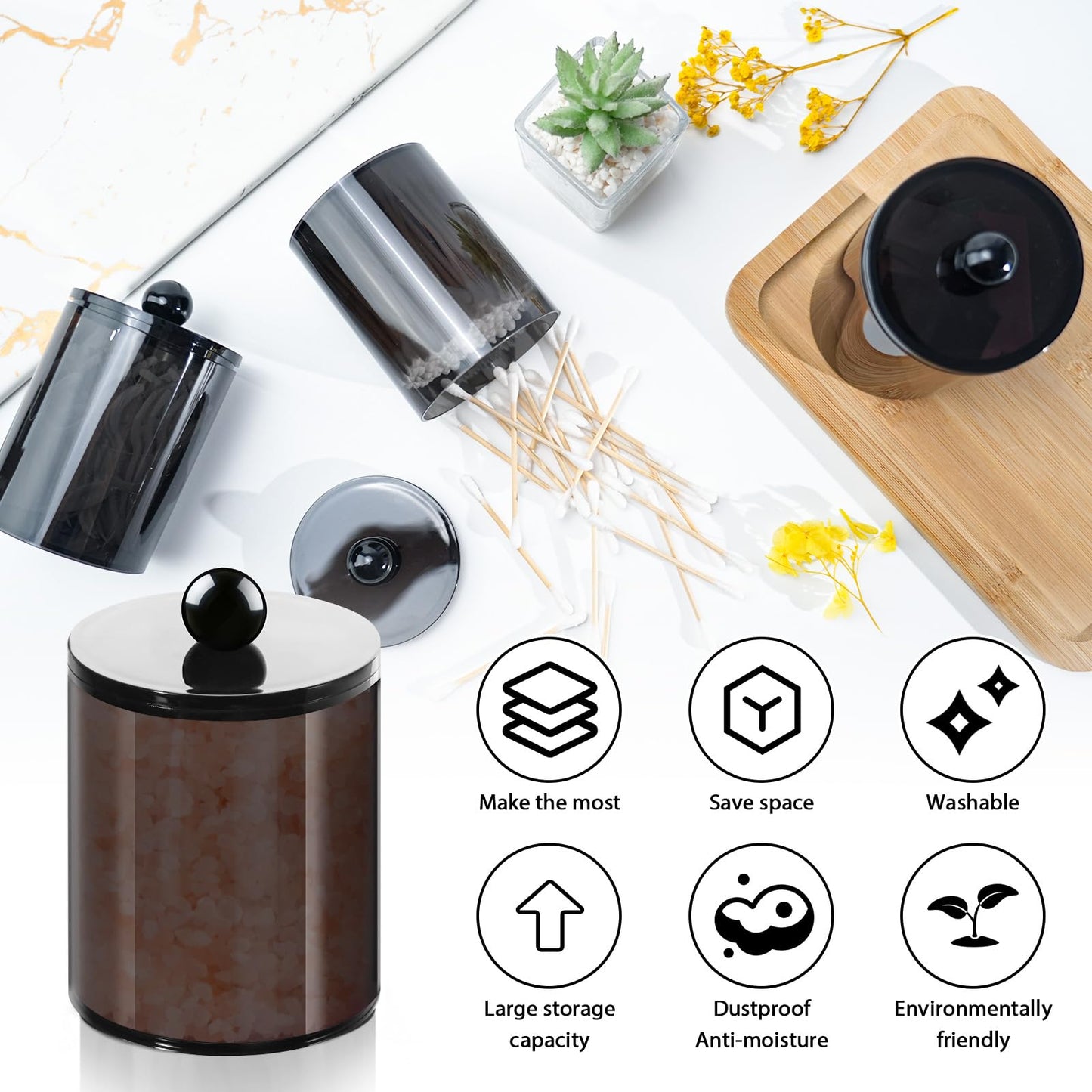 XIPENGKEJI 2 Pack Qtip Holder,Canister Apothecary Jar Set, Bathroom Jars with Lids Set for Cotton Swabs, Balls, Pads, Floss Picks,10oz-12oz Plastic Canisters Restroom Bedroom Vanity Organizer(Black)