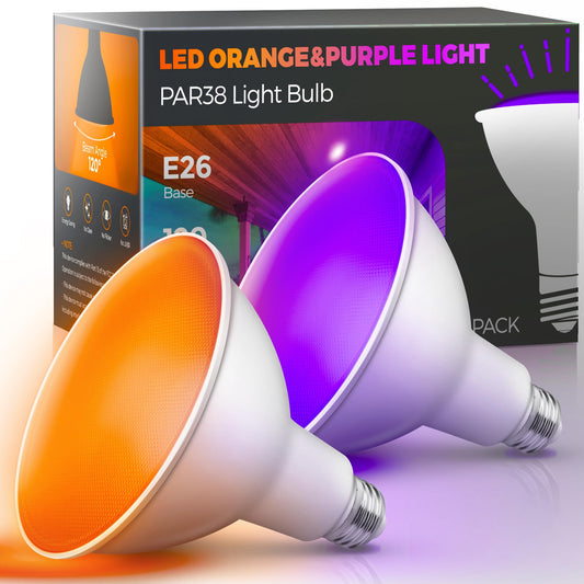 LOHAS Orange Purple Halloween Flood Light Bulbs, PAR38 LED Flood Light Outdoor 100W Equivalent, 15 Watt Colored Porch Bulb, E26 Base Ideal for Home Lighting, Holiday, Party Decoration, 2 Pack