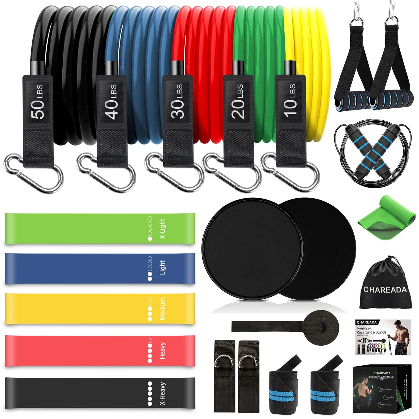 23 Pack Resistance Bands Set Workout Bands, 5 Stackable Exercise Bands 5 Loop Resistance Bands 2 Core Sliders, Door Anchor Handles Ankle Straps Carry Bag Instant Cooling Towel Wrist Wraps
