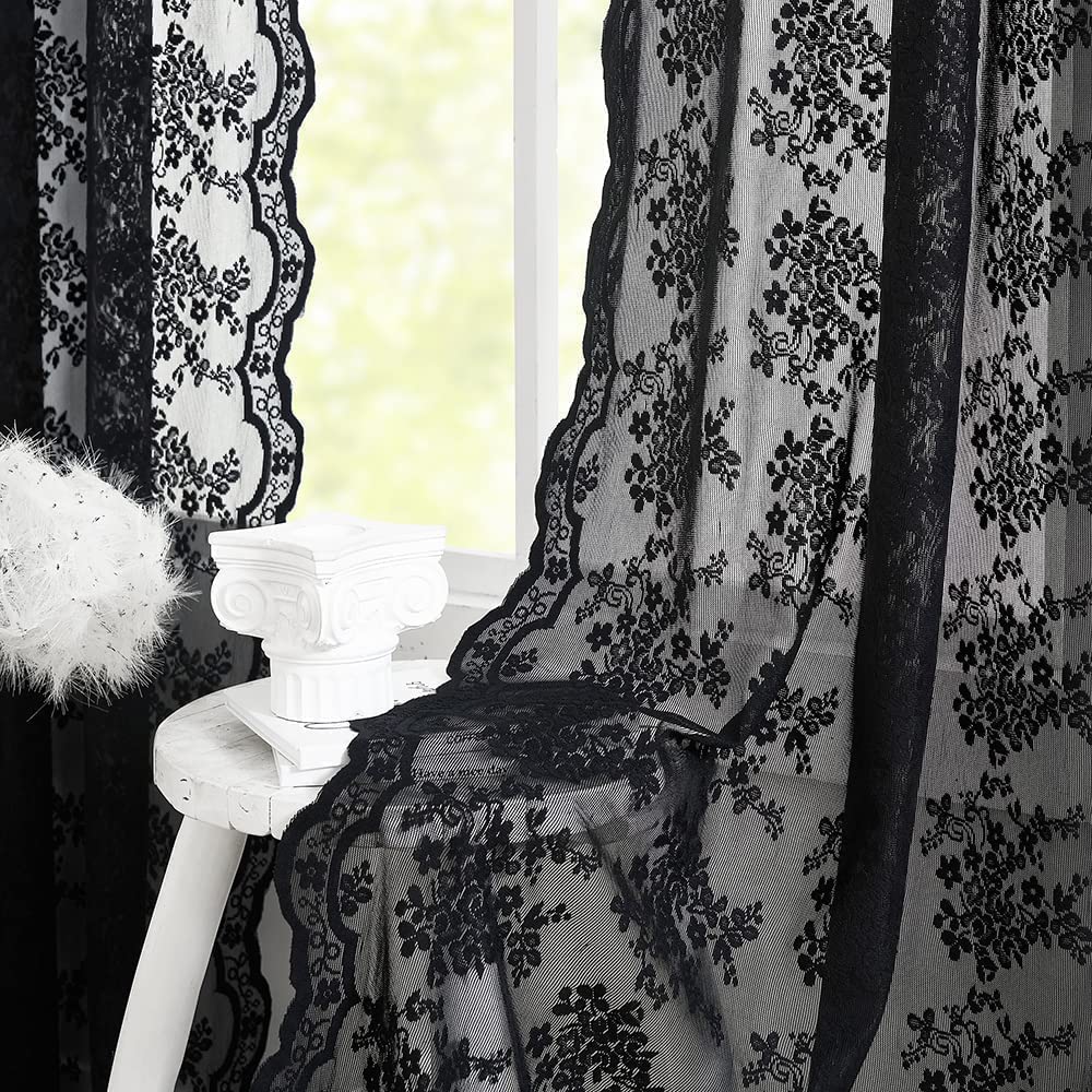YJ YANJUN Black Sheer Curtains 54 inch Length- Goth Victorian Kitchen Lace Curtain Panel Halloween Short Curtains for Bathroom Window Coffin/Witchy/Gothic Home Decor 52 x 54 Inch Black