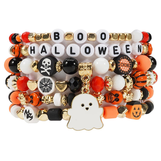 Lonext Halloween Bracelets Set Friendship Clay Preppy Heishi Boo Charm Beads Stackable Bracelet Ghost Pumpkin for Women