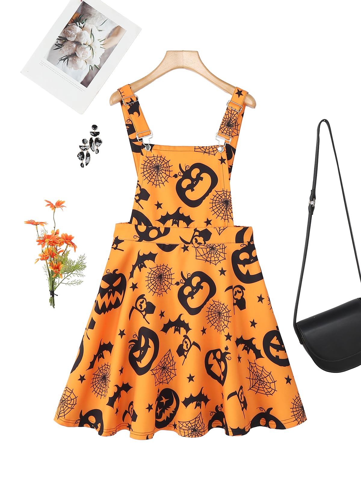 YOINS Women's Pumpkin and Ghost Print Overall Dress Suspender Skirt Pinafore Dresses Pumpkin Orange X-Large