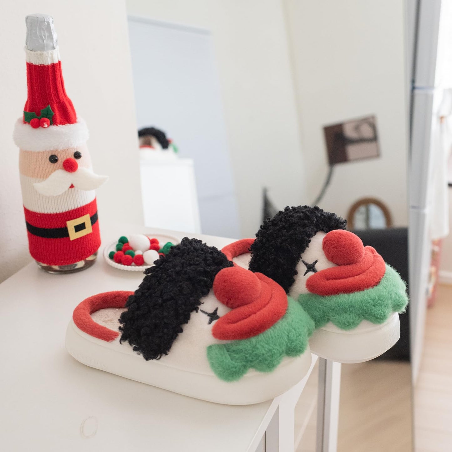 XIXITIAO Halloween Christmas Slippers, Cozy Memory Foam Fuzzy Slipper for Women Men, Comfy Womens House Slippers, Warm Winter Funny Clown House Bedroom Shoes for Woman Indoor, Size 9(Red)