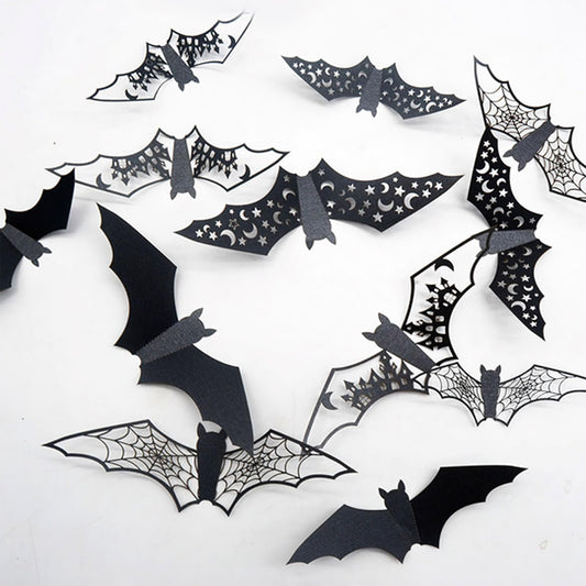 24Pcs Large Halloween Bats Decorations - 3D Self-Adhesive PVC Scary Wall Decor, Hollow Out Waterproof Black Stickers for Indoor Party Supplies, Door and Room Decals