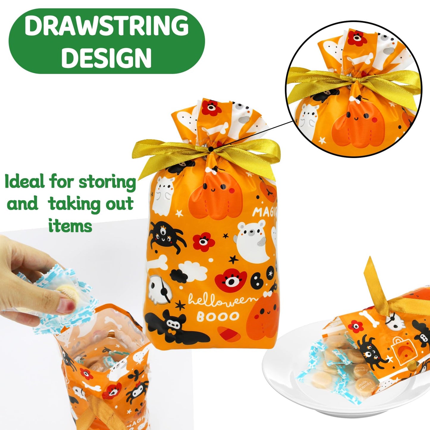 ZMCINER 50 Pcs Halloween Drawstring Candy Bags Halloween Treat Bags for Party Favors