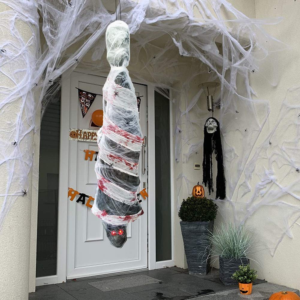Zcaukya Halloween Decorations, 72 Inch Hanging Spooky Scary Creepy Mummy Decoration with LED Glowing Eyes and Voice Activated for Halloween Party, Haunted House, Yard, Ceiling, Indoor Outdoor Decor