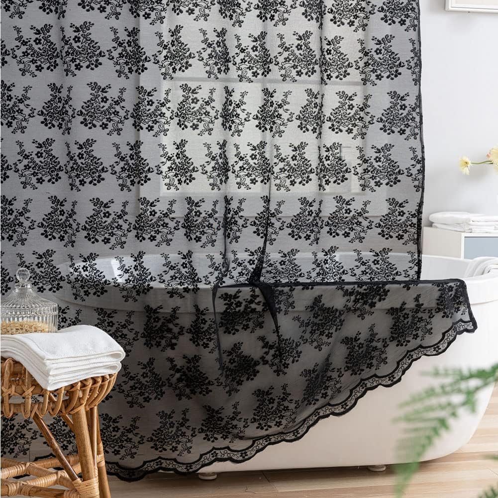 YJ YANJUN Goth Narrow Shower Curtain 36x72 with Attached Valance Victorian Black Floral Lace Small Shower Curtain Short Gothic Rv Camper Shower Curtain Halloween Spoopy Ghost Half Bathroom Décor