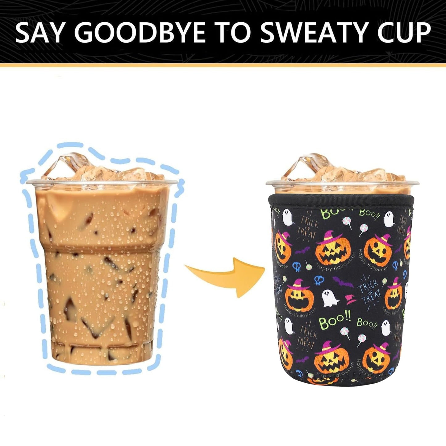 YR Reusable Neoprene Insulator Sleeve for Iced Coffee Cups, 3 Pack Coffee Coolies sleeves for Iced & Hot Drinks, Cold Beverage Cooler Compatible with Starbucks Coffee and More (Halloween Boo)