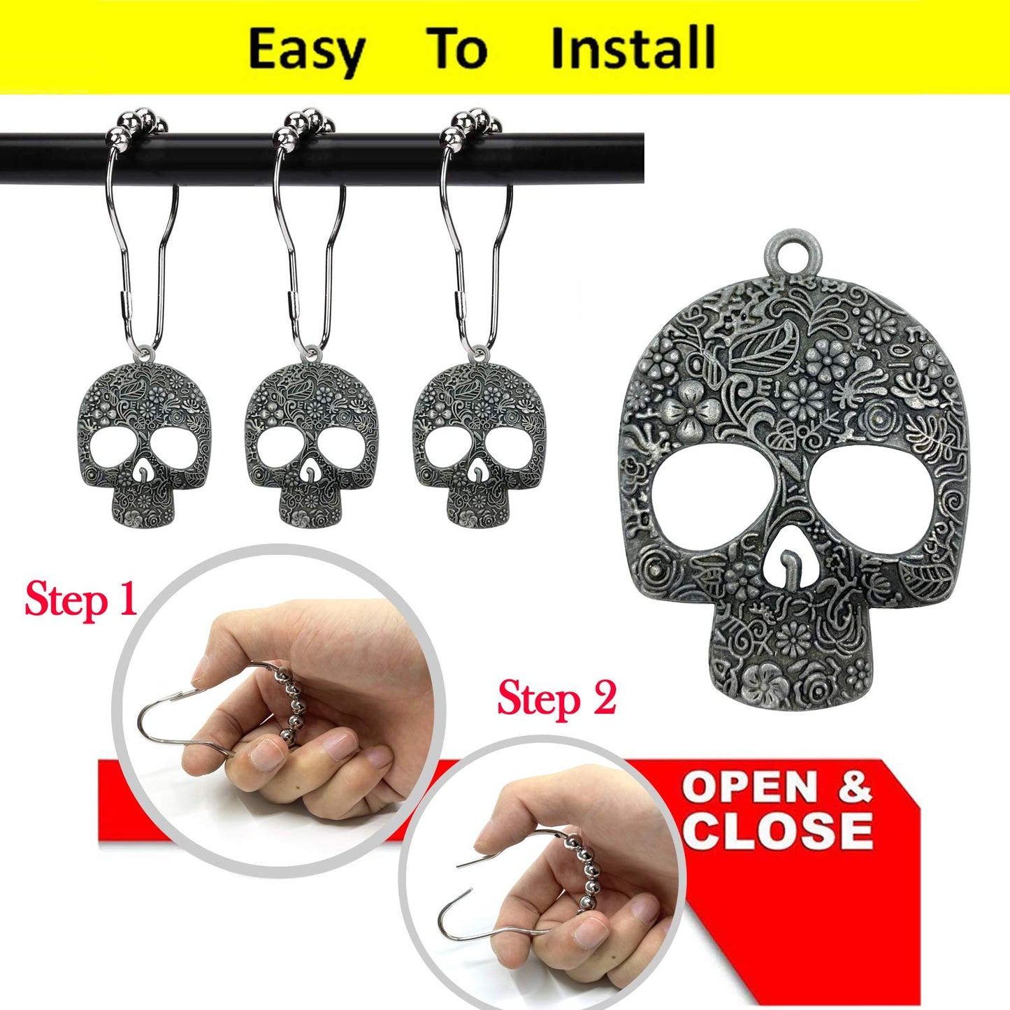 ZILucky Set of 12 Sugar Skull Shower Curtain Hooks Decorative Home Bathroom Stainless Steel Rustproof Skeletons Shower Curtain Rings Decor Accessories (Pewter)