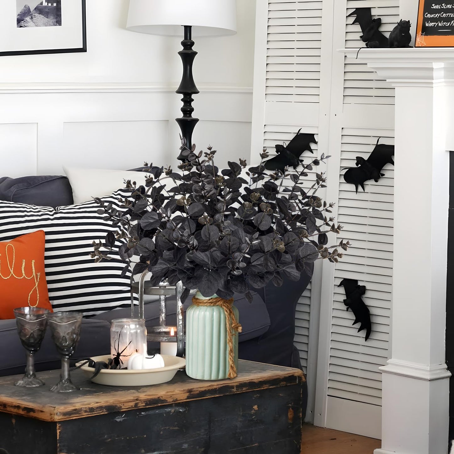 Yen Jean 20PCS Black Halloween Decor Artificial Flowers Bulk - Eucalyptus Stems Branches Decorations for Table Indoor Centerpieces Party Supplies