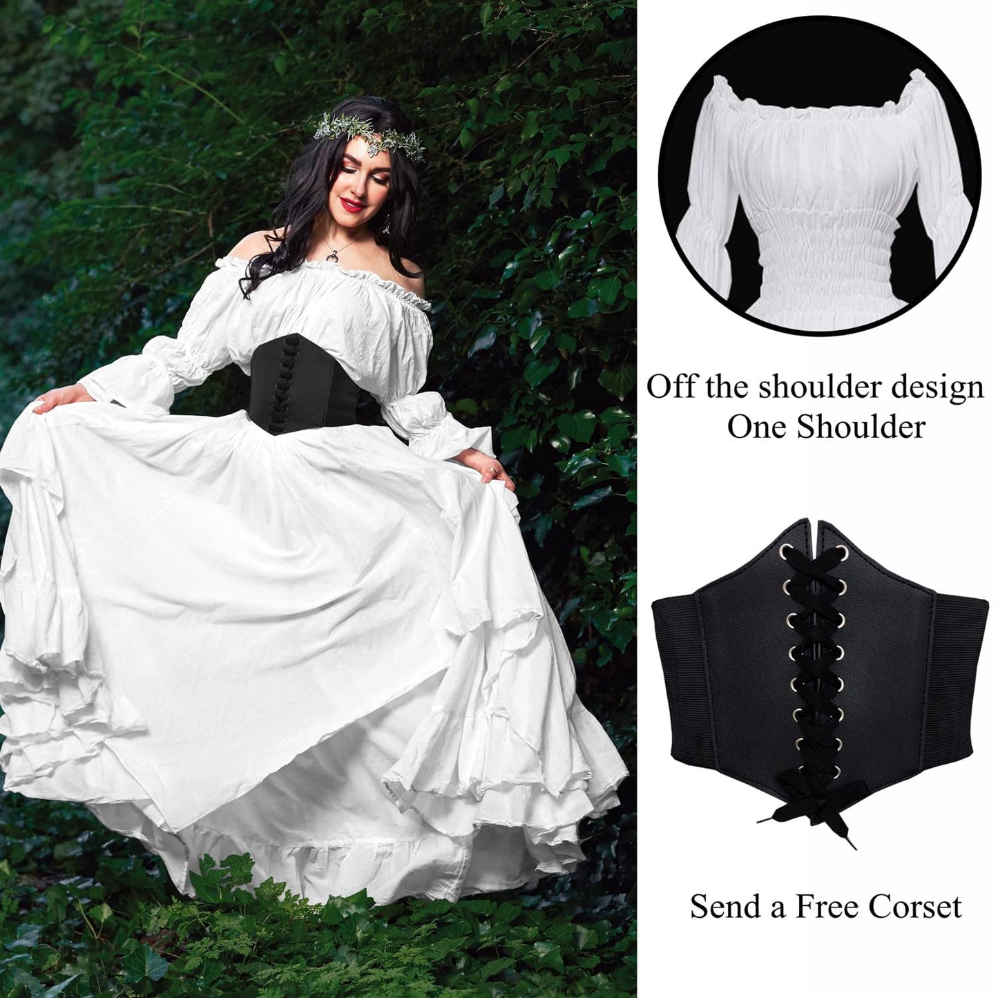 YEAXLUD Women's Victorian Dress Puff Sleeve Off Shoulder Ruffle Plus Size Medieval Costume for Women Renaissance Dress (White, XX-Large)