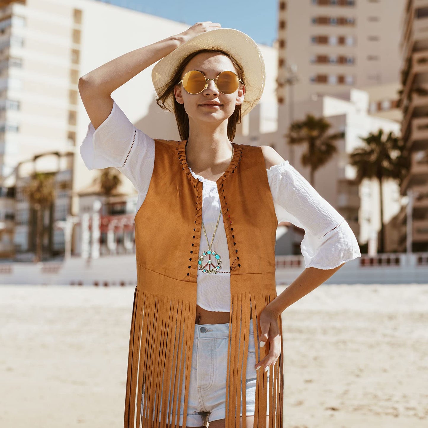 Zhanmai 4 Pieces 60s 70s Outfits for Women Disco Hippie Costume Cowgirl Fringe Vest Bohemia Headband for Halloween Cosplay(XL)