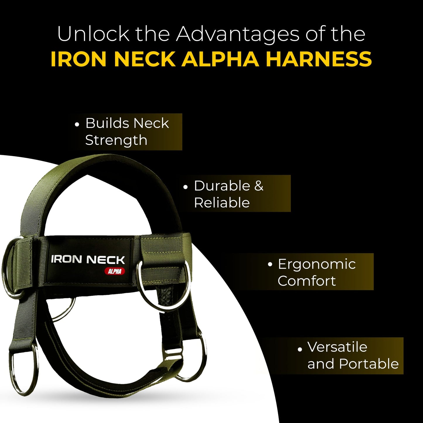 Iron Neck Harness Alpha, Versatile Neck Exerciser, Strengthener and Trainer with Adjustable Head and Chin Strap, Portable Head Harness for Weight Lifting, Home and Gym Use