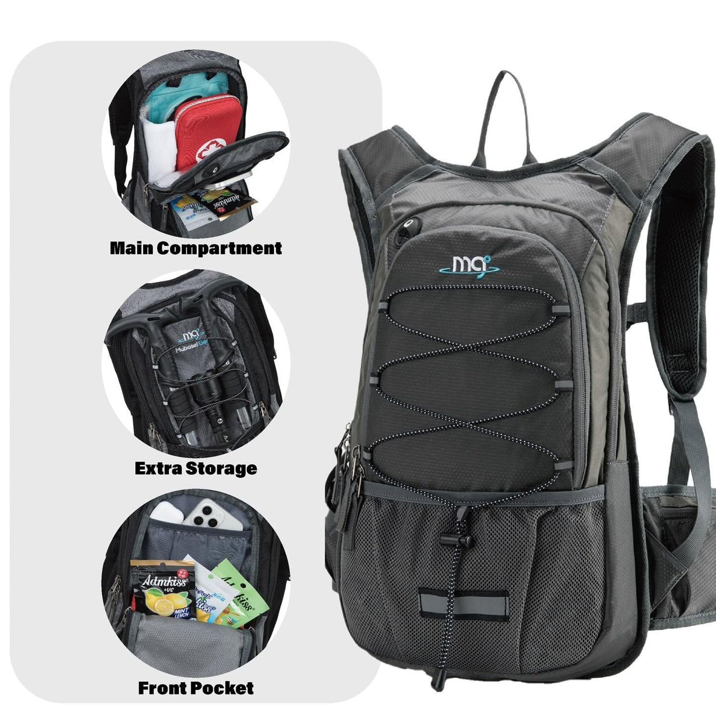 Insulated Hydration Backpack Pack with 2L BPA Free Bladder - Keeps Liquid Cool up to 5 Hours – for Running, Hiking, Cycling, Camping (Solid Grey)