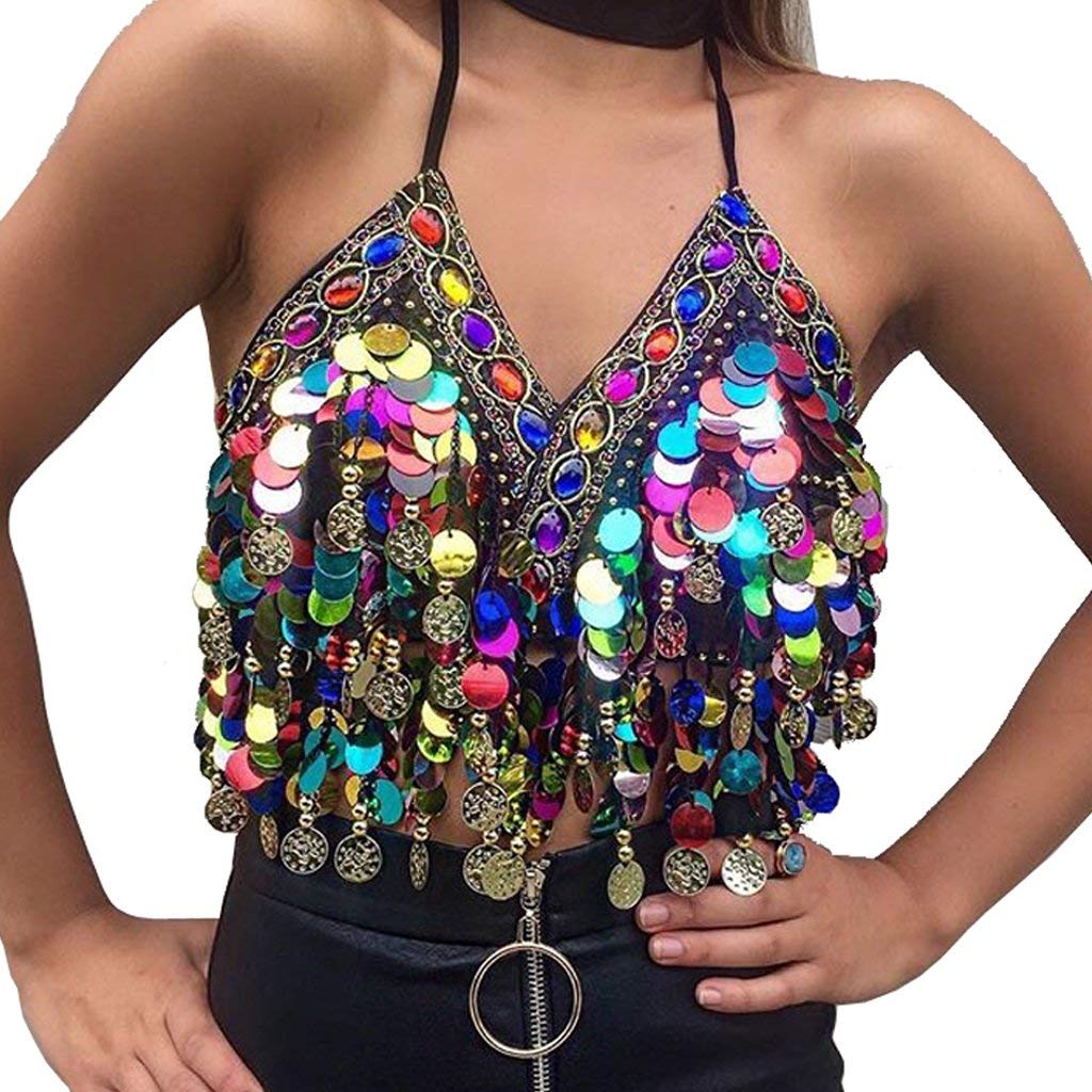 Wuchieal Sequin Halter Bra Top Salsa Belly Dance Boho Festival Clubbing Tribal Bra BH Top (One Size, Black with Colorful Beads)