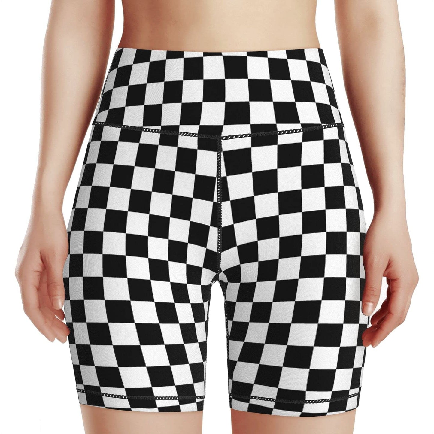 Yaateeh Checkerboard Chess Board Women's High Waist Bike Shorts for Workout Sports Athletic Running Hiking Biker Yoga Gym Medium Black