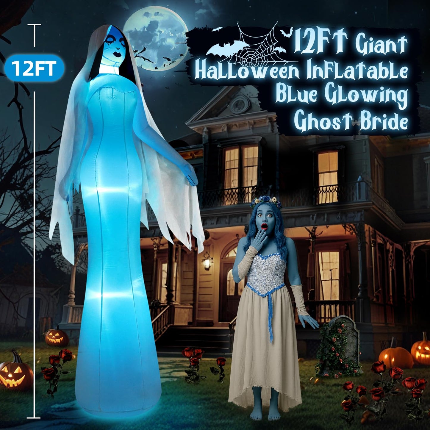 zukakii 12FT Giant Halloween Inflatables Ghost Bride, Halloween Decorations Outdoor Blow Up Yard Decorations Built-in Whole-Body Blue Glowing LED Lights Huge Halloween Blowups for Outdoor Holiday