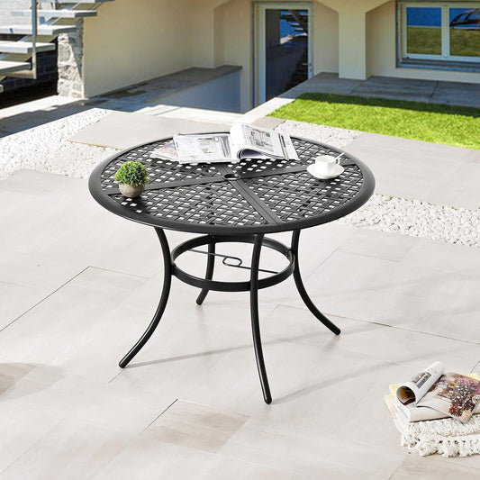 LOKATSE HOME 42.1" Outdoor Patio Round Dining Table with Umbrella Hole, Steel Frame for Backyard Lawn Balcony Deck