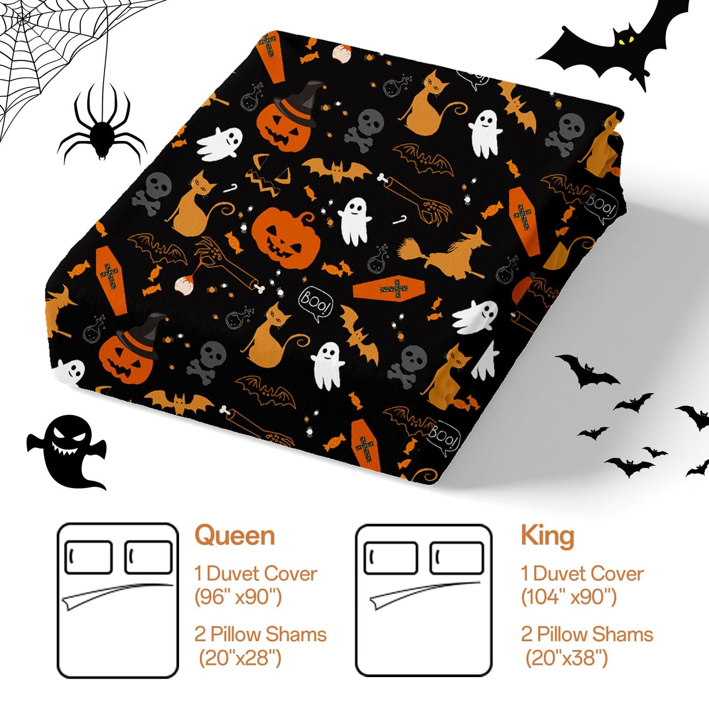 WONGS BEDDING Halloween Duvet Cover Set Queen Size,Black Bedding Set with Halloween Theme Pumpkin Witch Ghost Skull Black Cat Bat Patterns Duvet Cover for Halloween 90"x90"(Not Comforter)