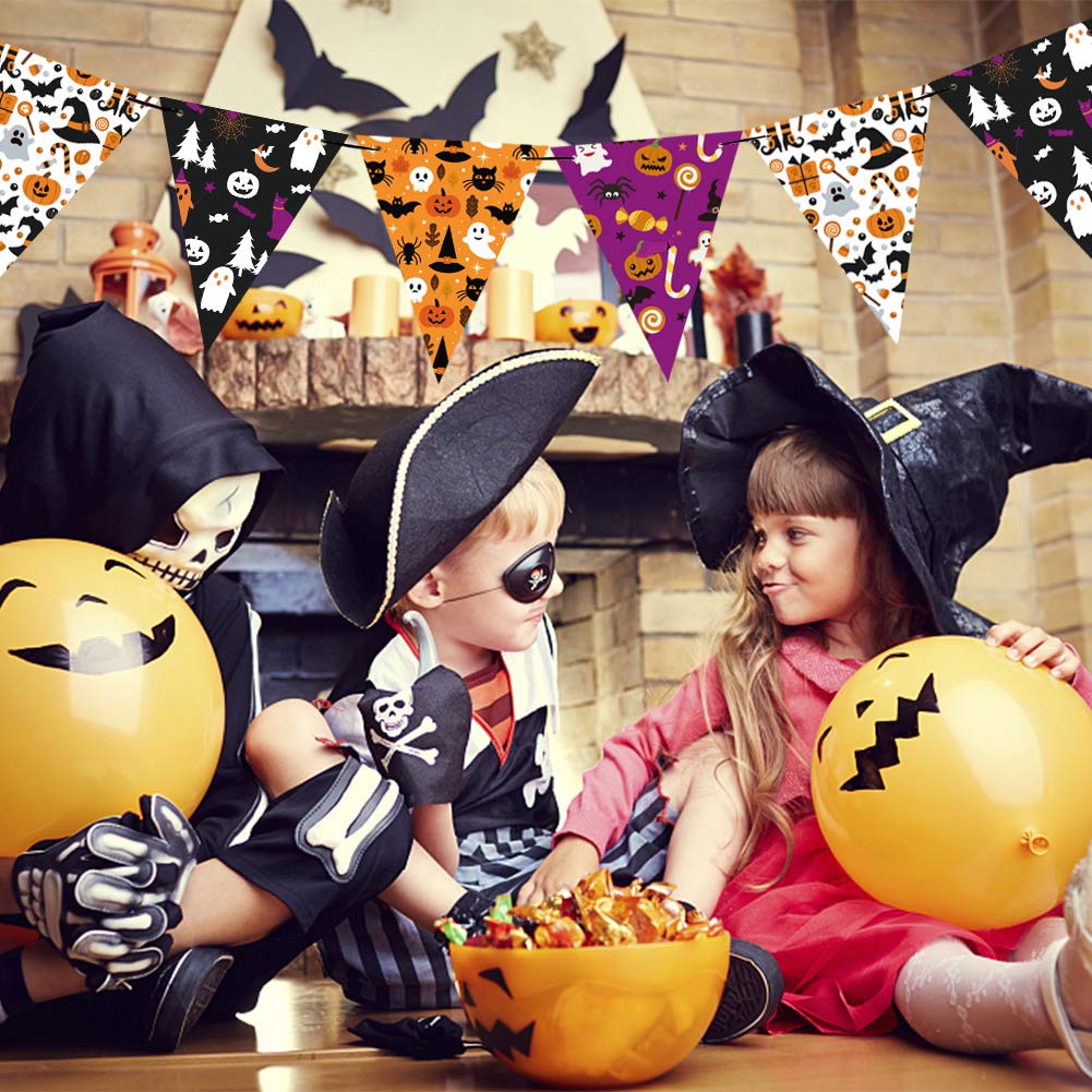 2025 Halloween Banner Party Decoration(Pre-Assembled) Cute Halloween Garland Bunting Banner Triangle Flag with Foil Swirl Ceiling Hanging Cards, Pumpkin Ghost Witches Bat Spider Skull Sticker