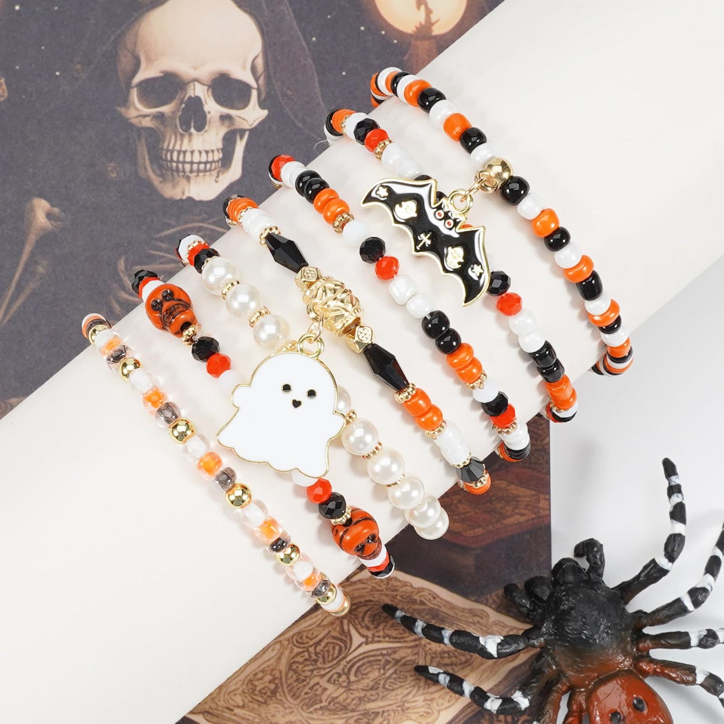 Lonext Halloween Bracelets Ghost Pumpkin Skull Skeleton Bat Spooky Bracelet for Women Boho Stretch Stack Bead Charm Heishi Bracelet