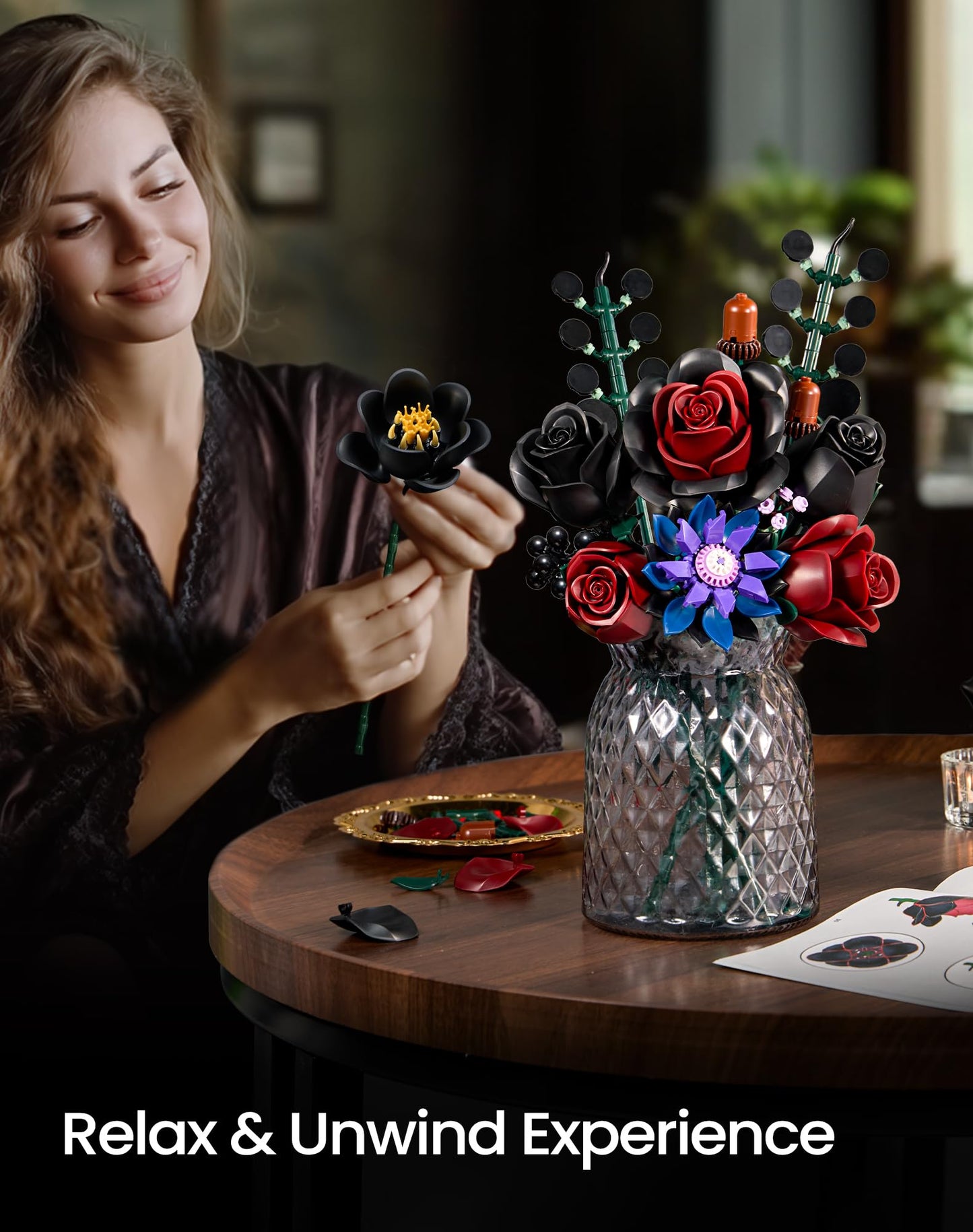 iATOM Halloween Black Burgundy Red Rose Bouquet Building Set, Compatible with Lego Flowers for Adults - Gothic Botanical Collection - Artificial Flowers Home Table Centerpieces Decor - IA1015