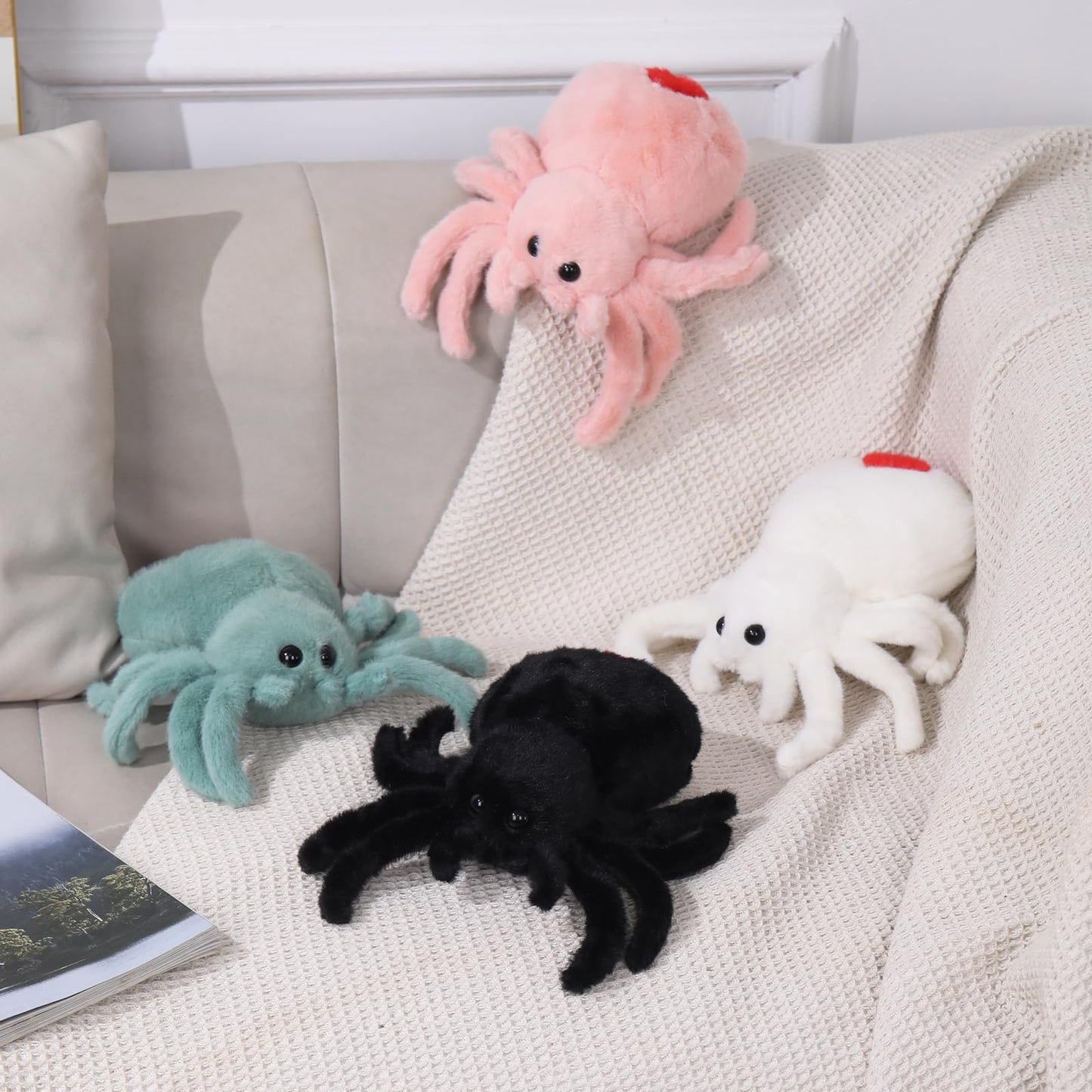 XItbyja Halloween Spider Plush,Spider Stuffed Animal Toy,Cute Spiders Plushie,9.8inch Huggable Jumping Spiders Toy,Adorable Pillow Doll for Kids Halloween Decor,White