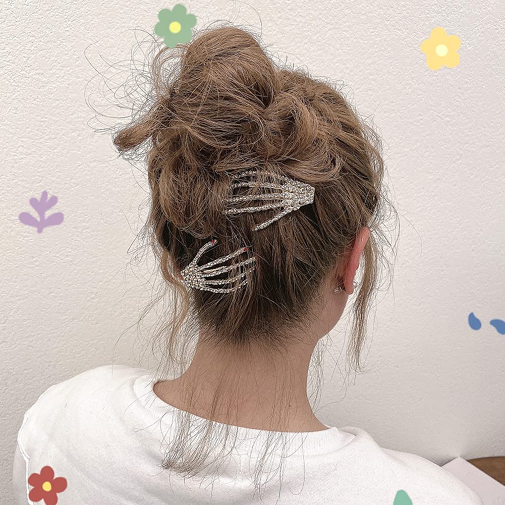 ZAHSY Hair Clip Rhinestone Skeleton Hand, 2 Count Halloween Hair Accessories for Women Girls, Silver, Skull Hand Hair Clips Barrettes Cosplay Party Favor