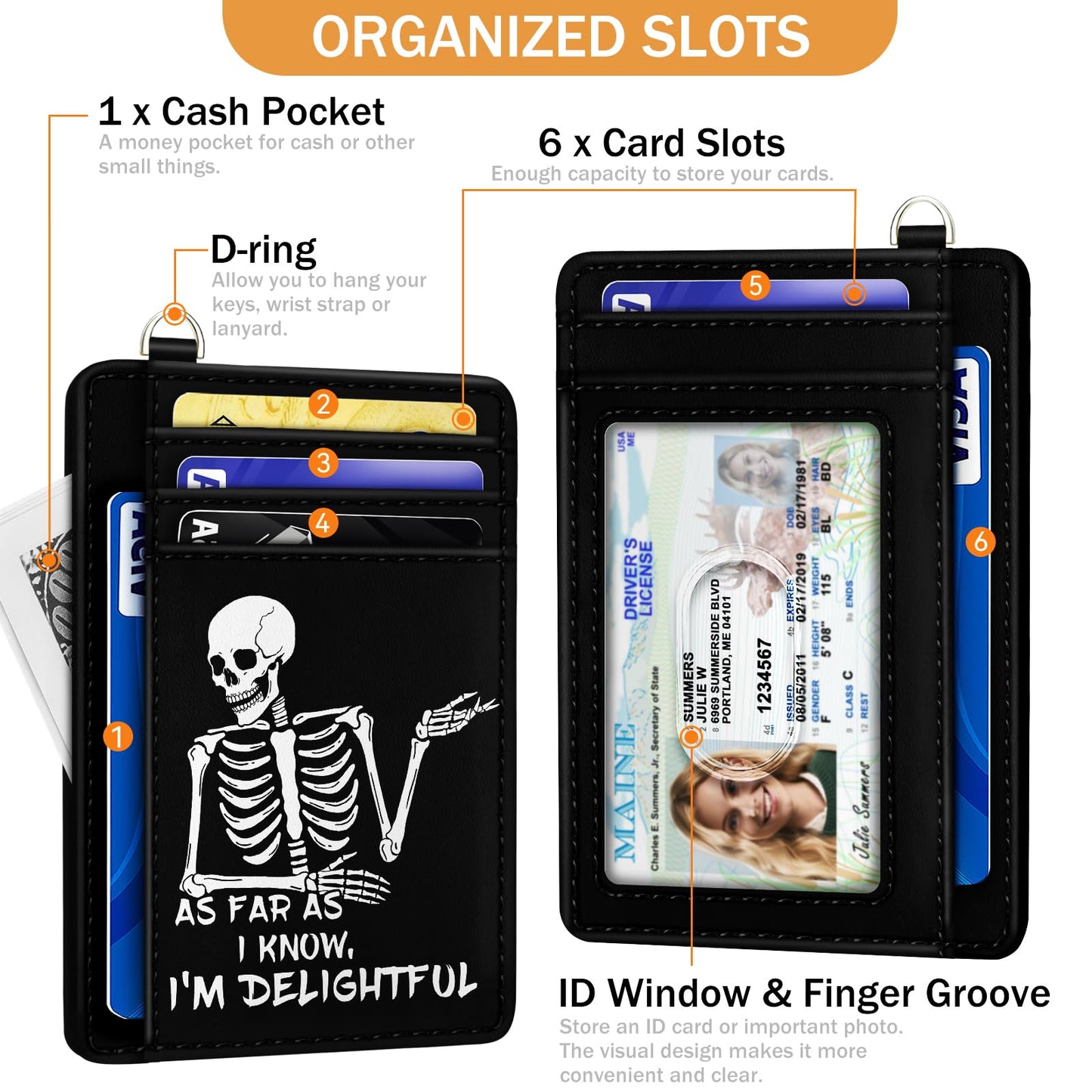Yonlevres Skeleton Skull Credit Card Holder Slim Wallet, Funny Gothic RFID Wallet Women Front Pocket Small Card Holder, Goth Halloween Card Case ID Window PU Leather RFID Blocking Card Organizer Gifts