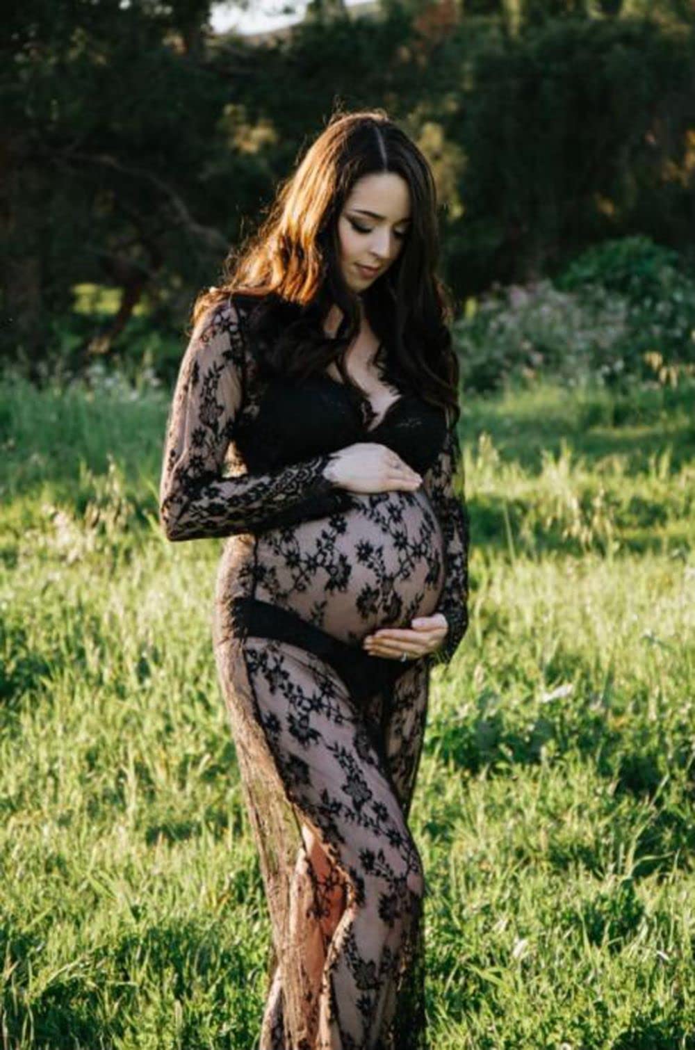 ZIUMUDY Sexy Deep V-Neck Long Sleeve Lace Beach See-Through Maternity Maxi Dress (XX-Large, Black)