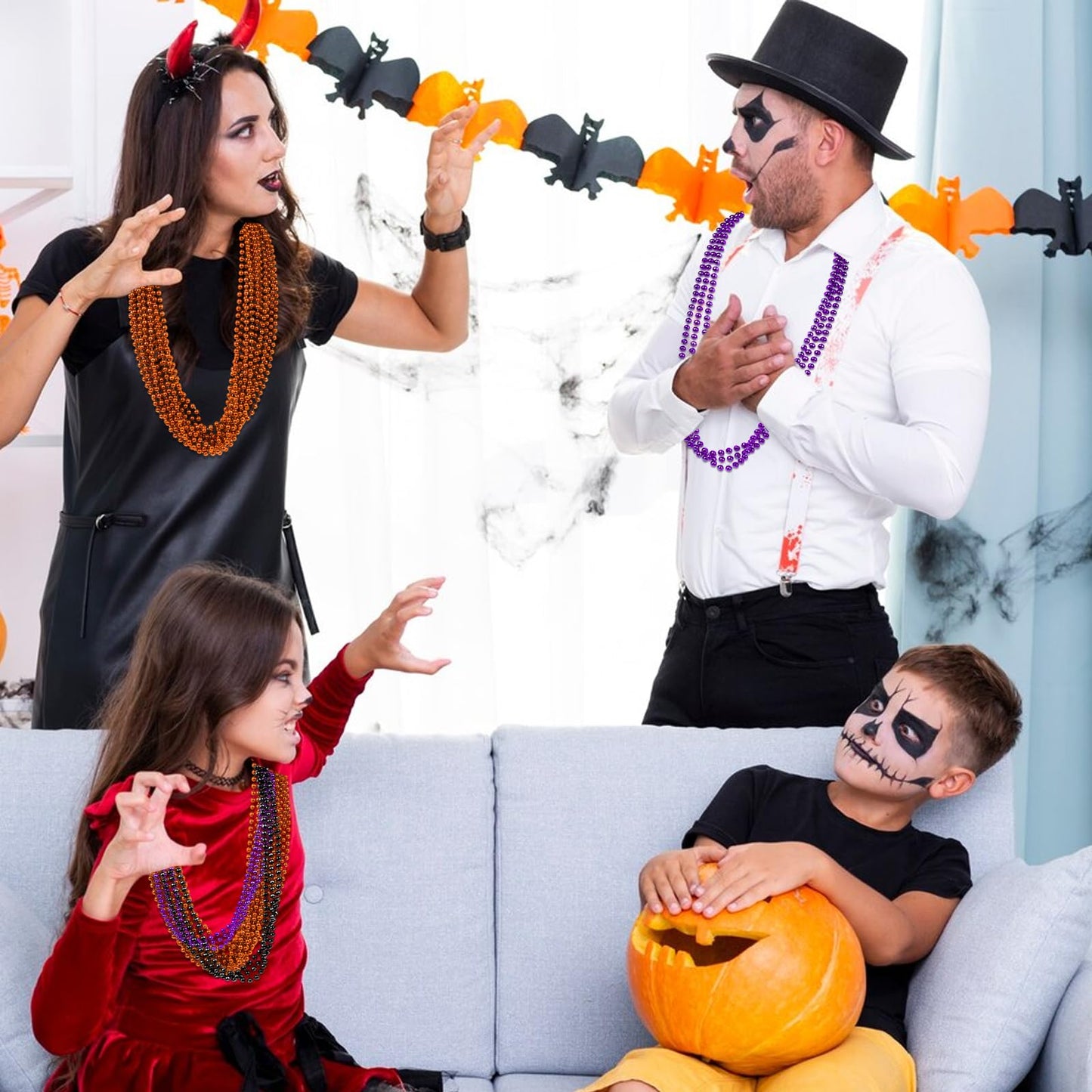 ZZYFGH 12 PCS 33'' 7mm Halloween Bead Necklace, Halloween Purple Black Orange Bead Necklaces for Halloween Parade Throws Halloween Trick or Treat Decorations
