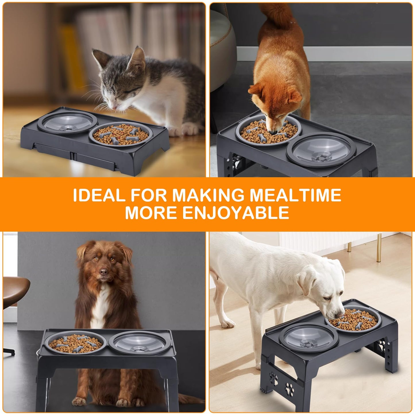 LALOBLUE Elevated Dog Bowls, Raised Slow Feeder Dog Bowls with No Spill Water Bowl, Dog Bowl Stand Adjusts to 5 Heights 2.95", 8.46", 9.65", 10.82", 12.01" for Small Medium Large Dogs and Pets, Black