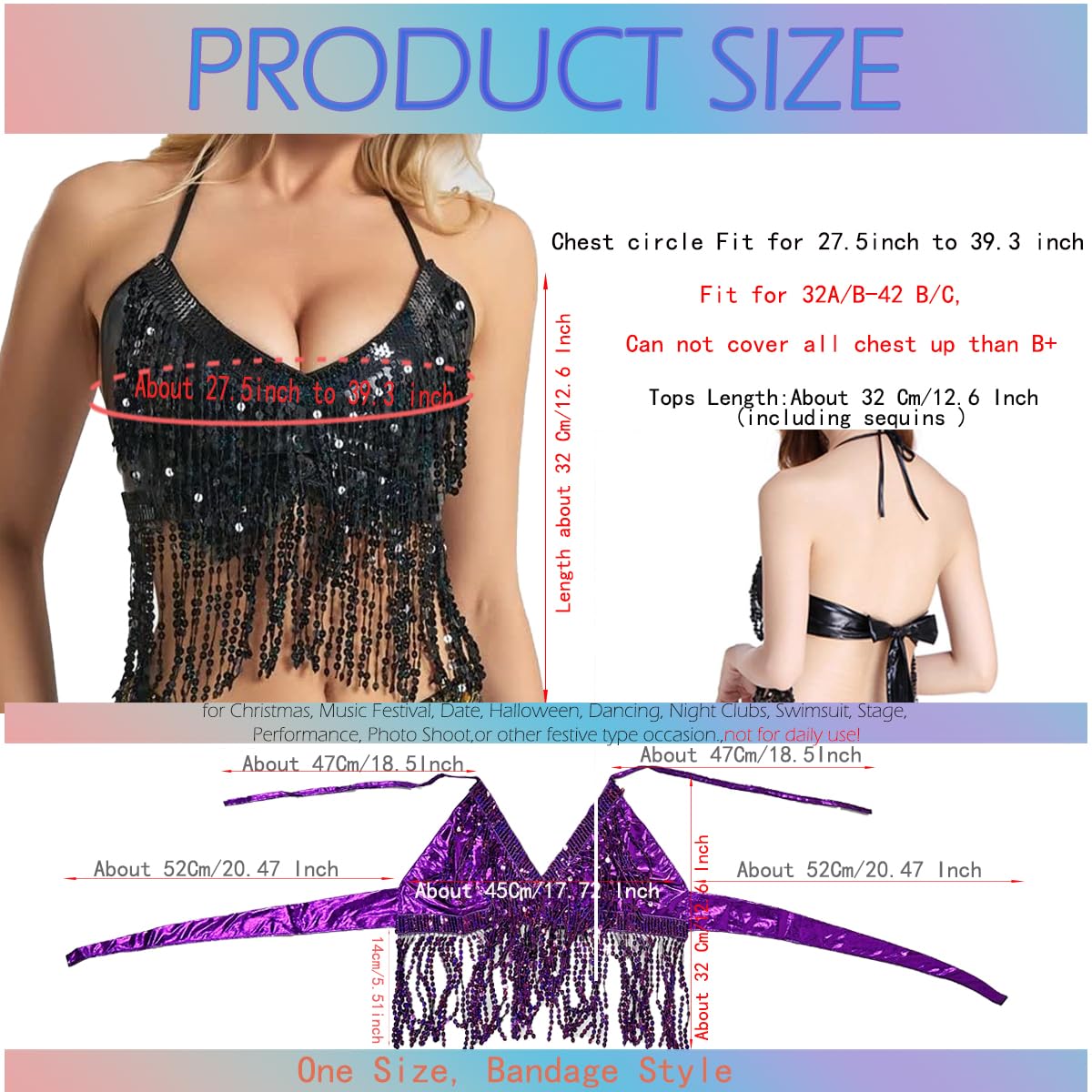 Wuchieal Women's Belly Dance Costume Sequin Bra Tassel Top with Chest Party Club Wear Bra Top (Navy Blue)
