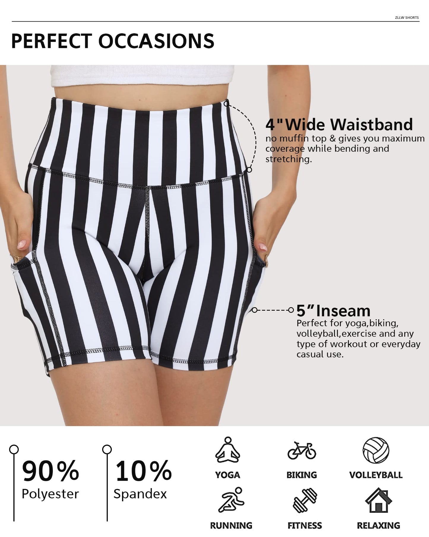 ZLLW Women's High Waist Cute Print Workout Yoga Shorts, 5 inch Striped Shorts with Pockets for Biker/Athletic/Gym/Running Small