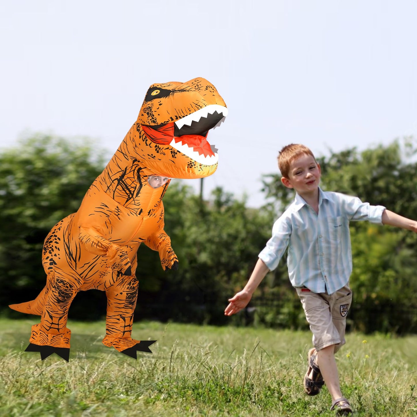 YEAHBEER Inflatable Dinosaur Costume for Kids,T-Rex Dinosaur Costume Kid, Blow up T-Rex Funny Fancy Inflatable Costume for Halloween Dress & Party Cosplay (Brown