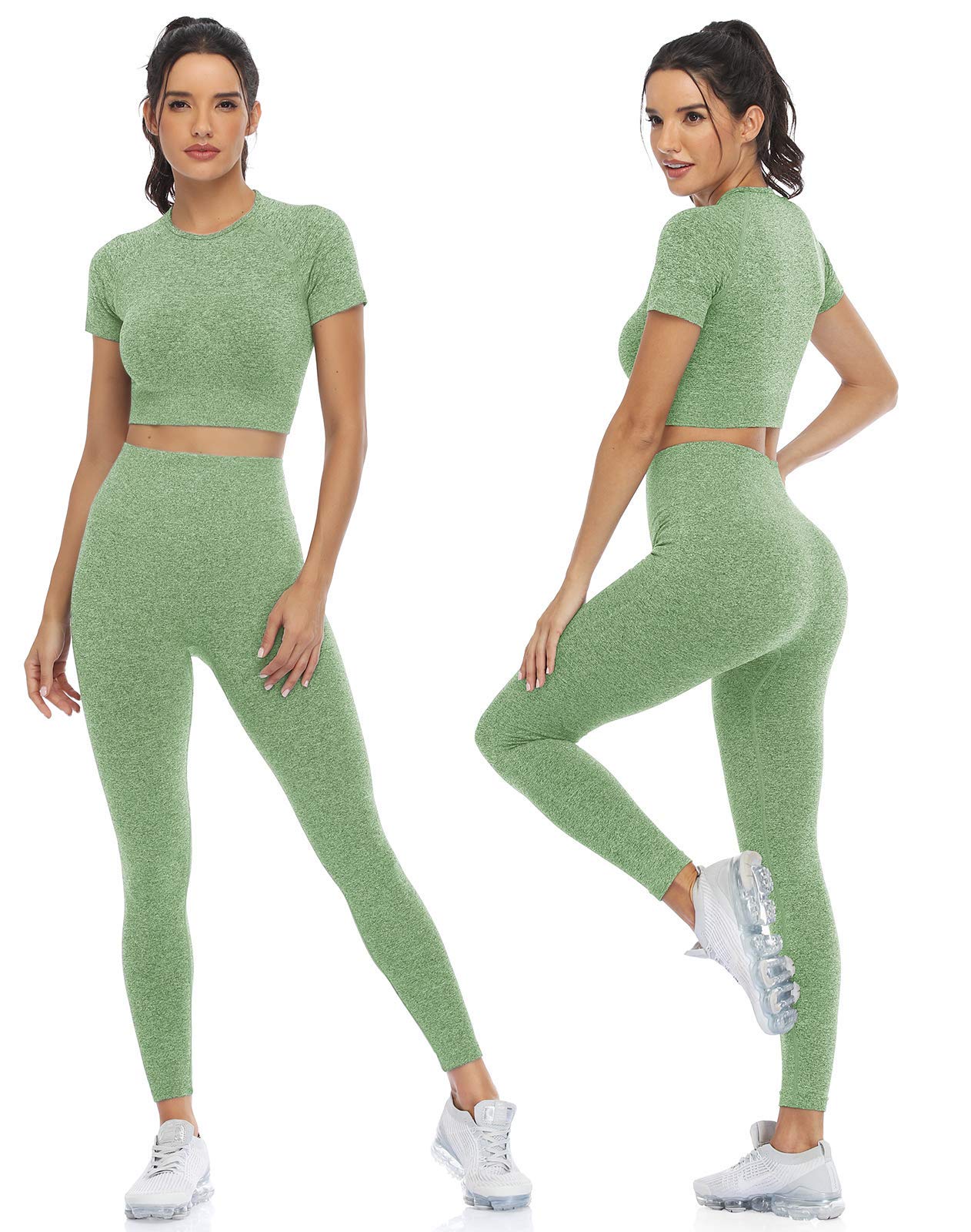 Workout Sets for Women 2 Piece Outfits Cute Gym Athletic Pilates Hiking Clothes Conjunto Deportivo Para Mujer Seamless High Waist Leggings Yoga Crop Tops Two Piece Matching Sports Set (P005L-Avocado)