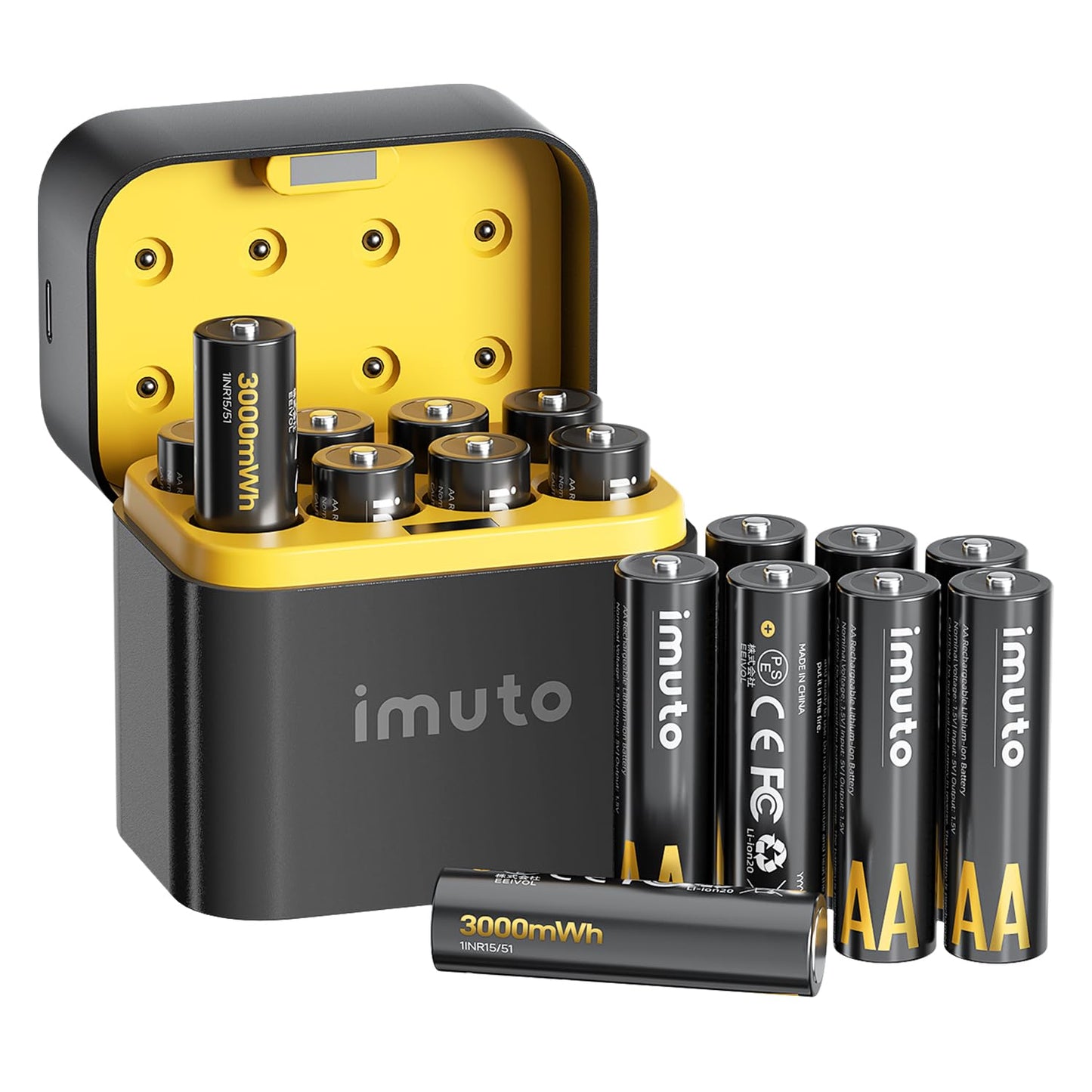 imuto Rechargeable aa Batteries with Charger, 3000mWh aa Lithium Batteries 16 Pack, 8 Slot Storage Box Style Lithium Battery Charger, 1.5V 2A Output, 1600+ Cycle Life, 2.5H Fast Charging