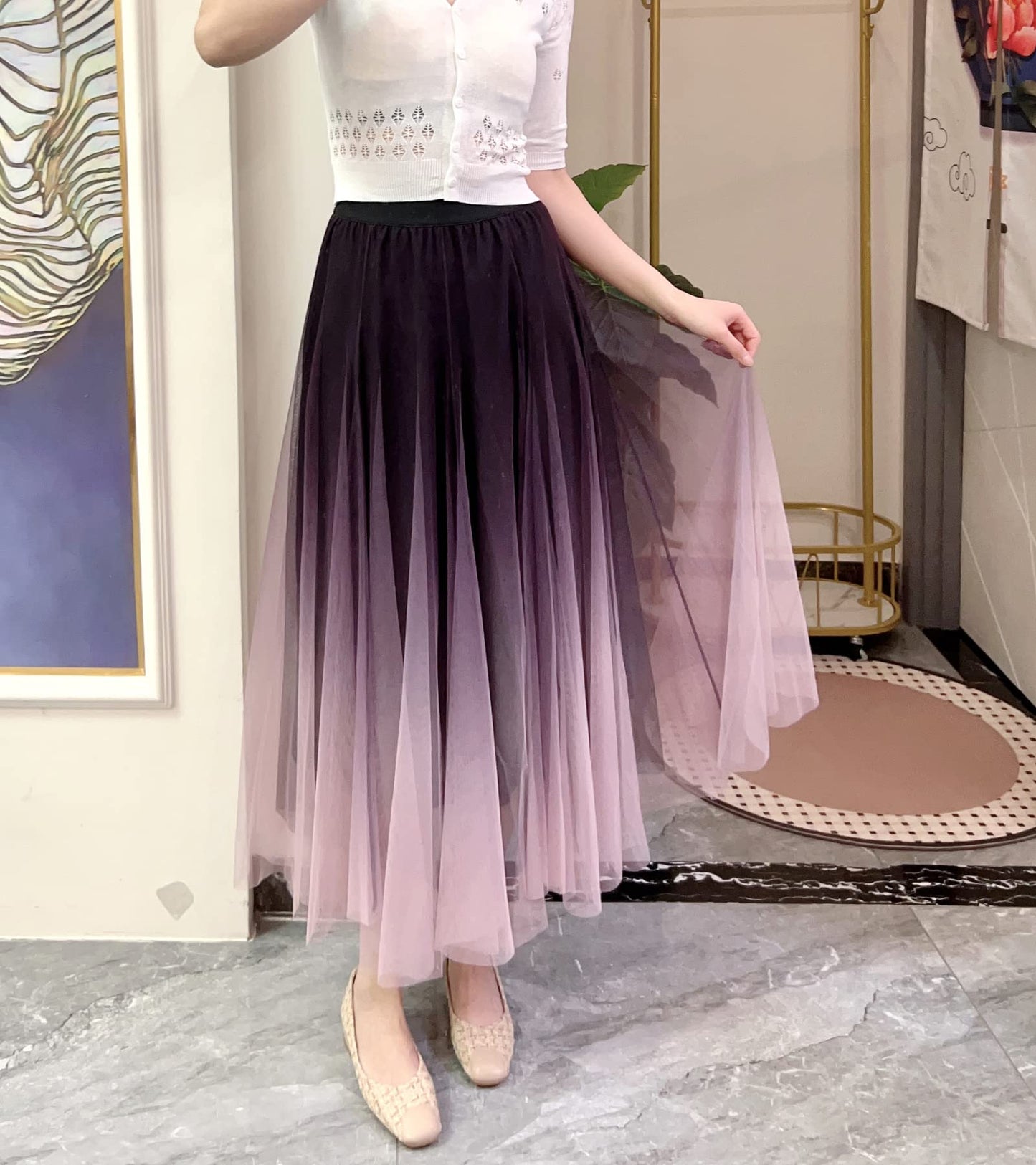 Women’s Tulle Skirts Midi Elastic High Waist Pleated Mesh Flowy A-Line Party Long Tutu Skirt Gradient Purple
