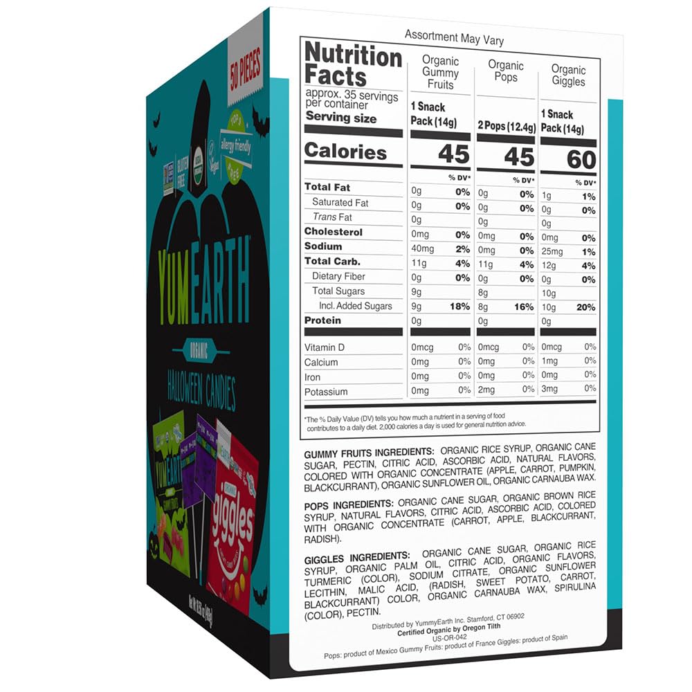 YumEarth Organic Halloween Variety Box - Allergy Friendly (Top 9 Free), No Artificial Dyes or Flavors, Non GMO, Gluten Free, Vegan Candy Snacks, Individually Wrapped (Pack of 50)