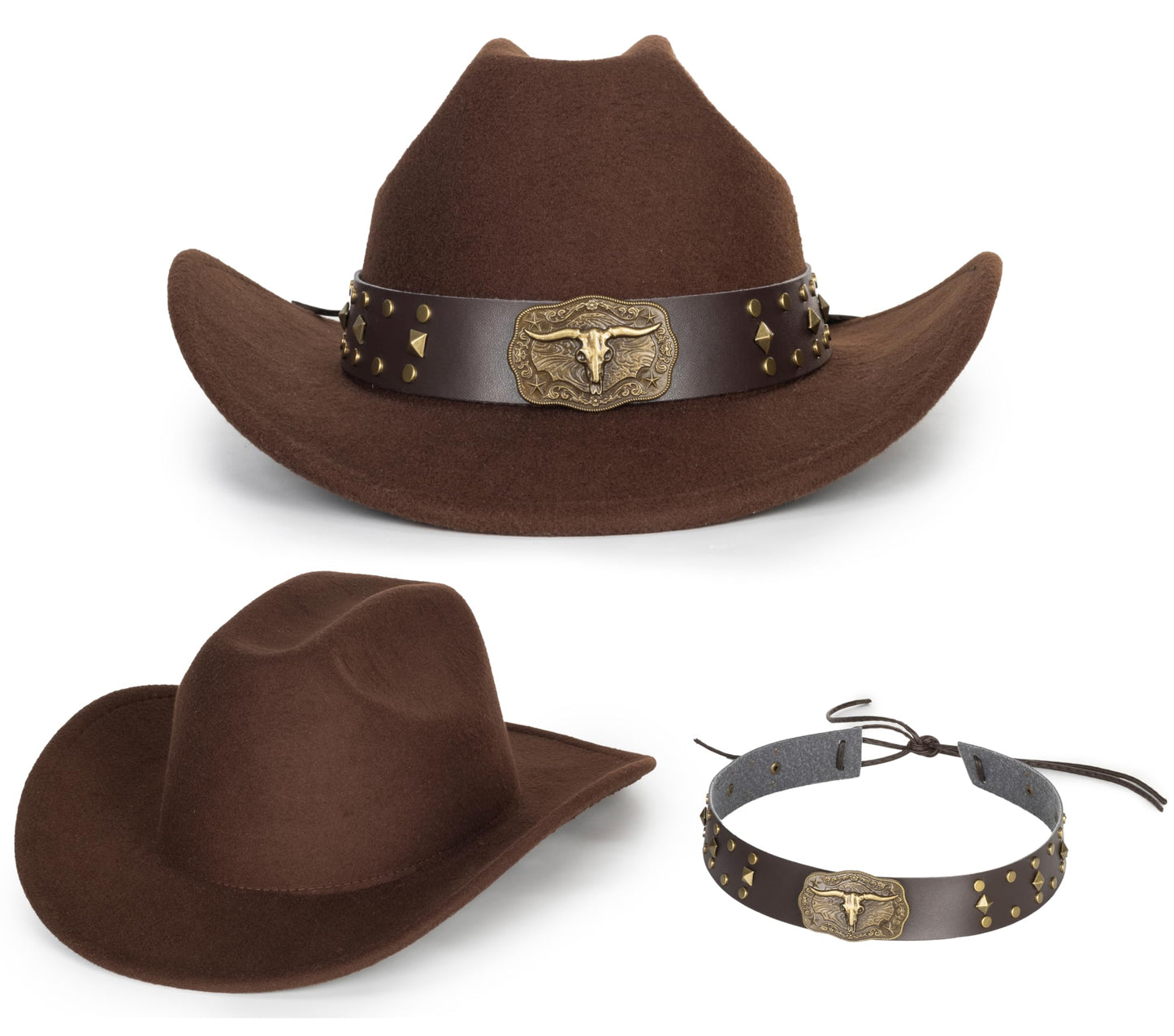 Womens Western Cowboy Hats Studded Pinched Western Cowgirl Hats Wide Brim Fedoras Hat with Belt Buckle (Size:Medium) Brown