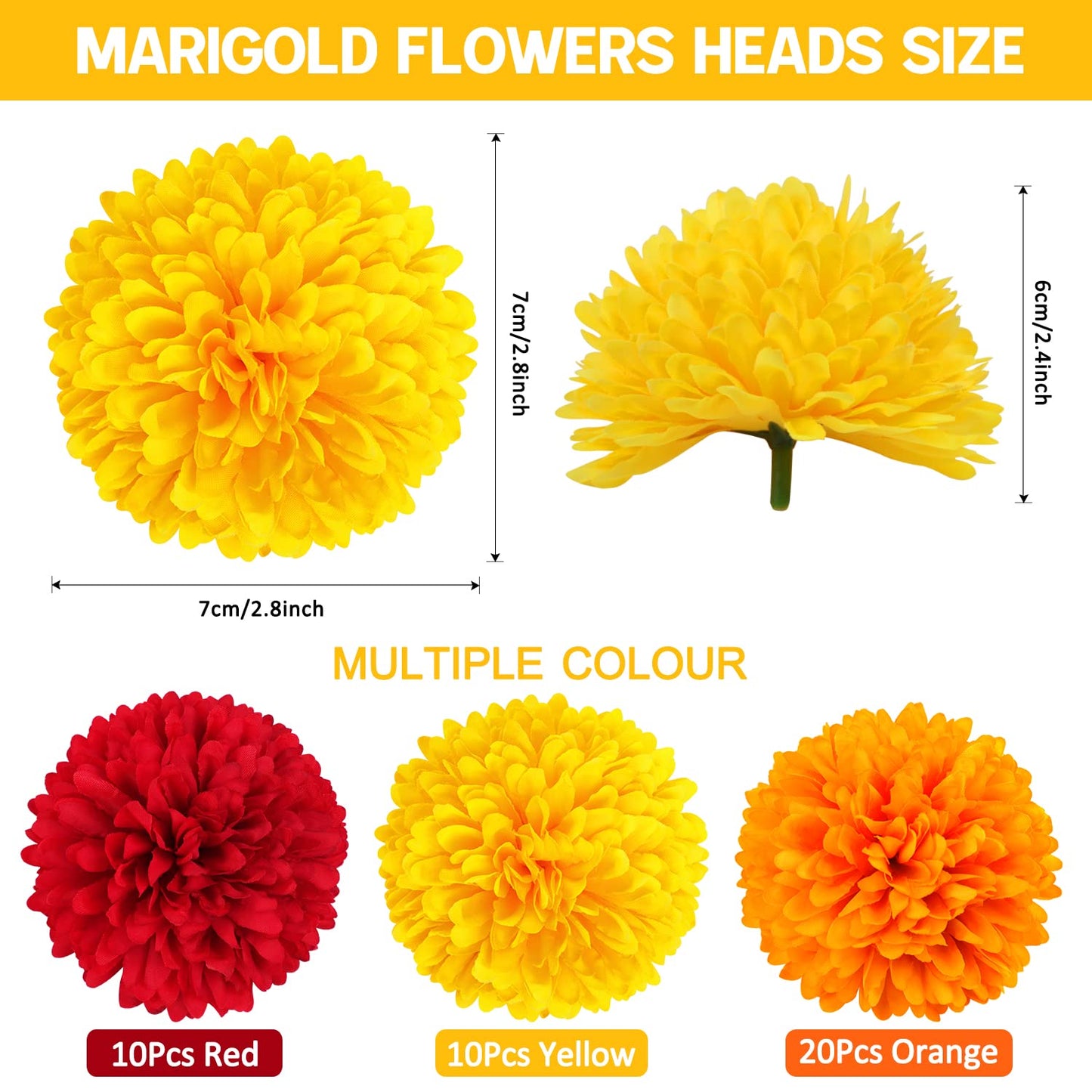 40Pcs 2.75'' Marigold Flowers Heads Bulk, Silk Marigold Artificial Flowers for Diwali Home Decor DIY Wreath Garland Craft Baby Shower Wedding Mexican Party Decoration Halloween New Year Decor(Mix-1)