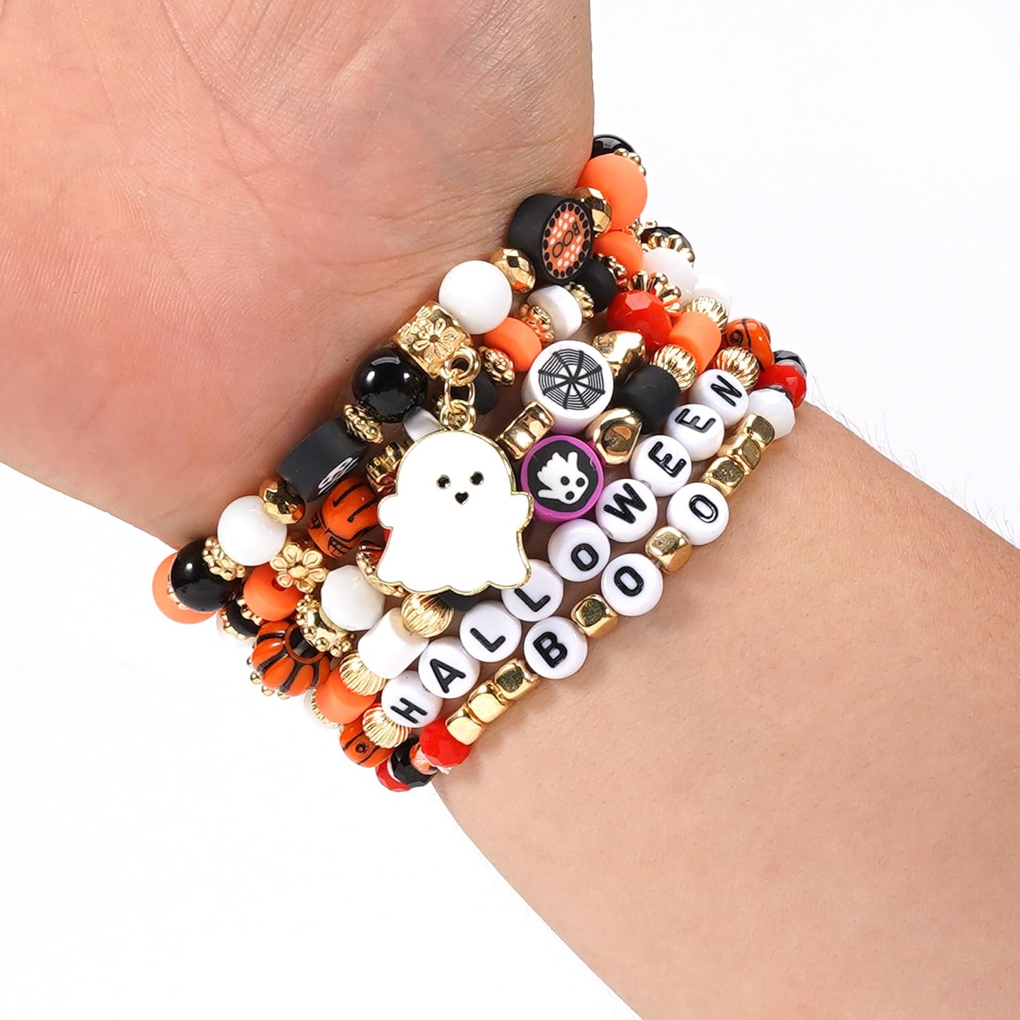 Lonext Halloween Bracelets Set Friendship Clay Preppy Heishi Boo Charm Beads Stackable Bracelet Ghost Pumpkin for Women